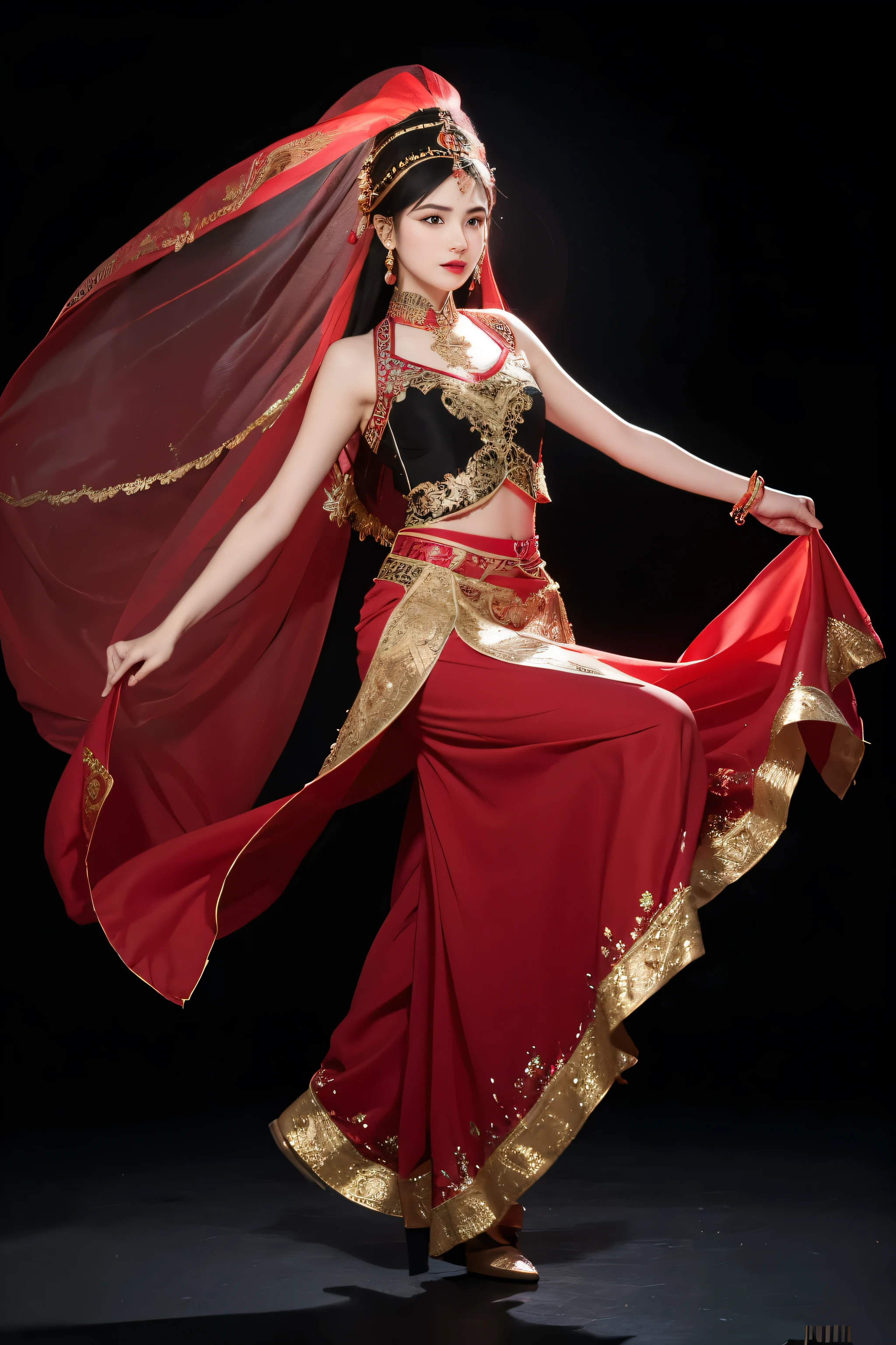 Uyghur beauty, dancing, silk, Kazakhstan, mysterious, enchanting dance, graceful dance, Xinjiang, Uyghur beauty, exotic style, HD pictures, long skirt, skirt color black and red gradient, Uyghur ornate clothing, clothes with ethnic patterns, full body, Uyghur ornate headdress, face with veil, face delicate, white background,