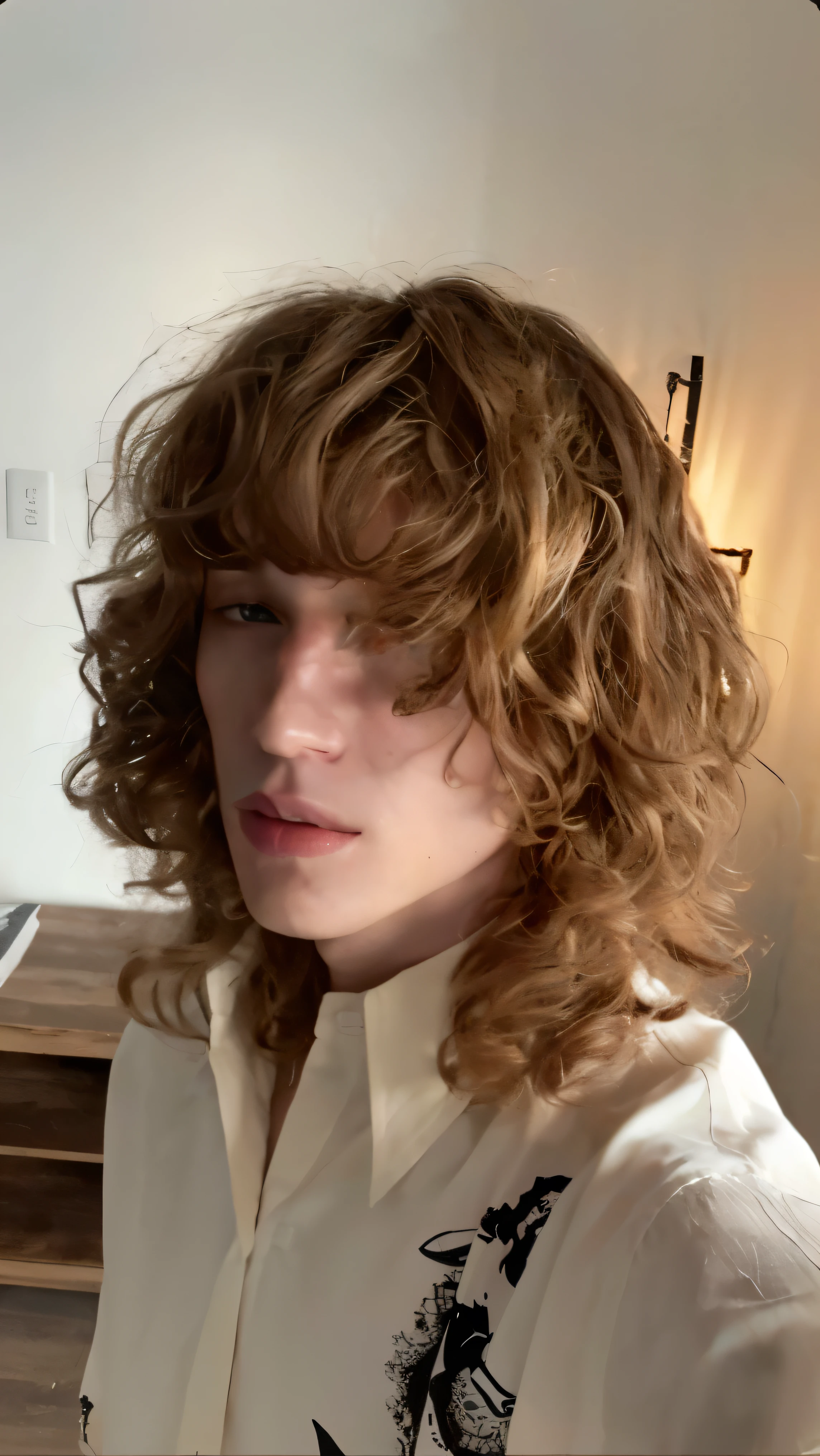 there is a man with a white shirt and a brown hair, pale skin curly blond hair, he has short curly brown hair, curly bangs, long messy curly hair, curls on top of his head, messy curly hair, curly middle part haircut, bangs and wavy hair, curtain bangs, his hair is messy and wild, his hair is messy and unkempt