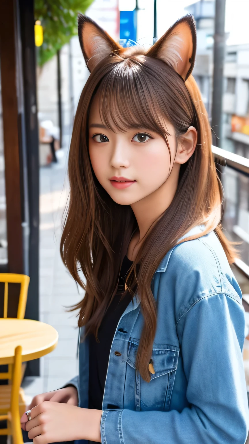 8k、highest quality、Like a real photo、masterpiece、Product quality, One Girl,, Young and beautiful woman in Japan, Long Bob Hair, attractive appearance,, High resolution, High detail, Detailed hairstyle, Detailed face, Great cinema lighting, Octane Rendering, Vibrant, Ultra-realistic, Perfect limbs, Perfect Anatomy、、Cat ears on the head、her hair is light brown.、Cool clothes、In the background is a cafe terrace、A human who is a mix of a cat and a girl、Natural color lip、Attractive eyes、Cat color'The ears are dark brown.、Eye color is blue、the ears are hidden by the hair、Double teeth、Yawn