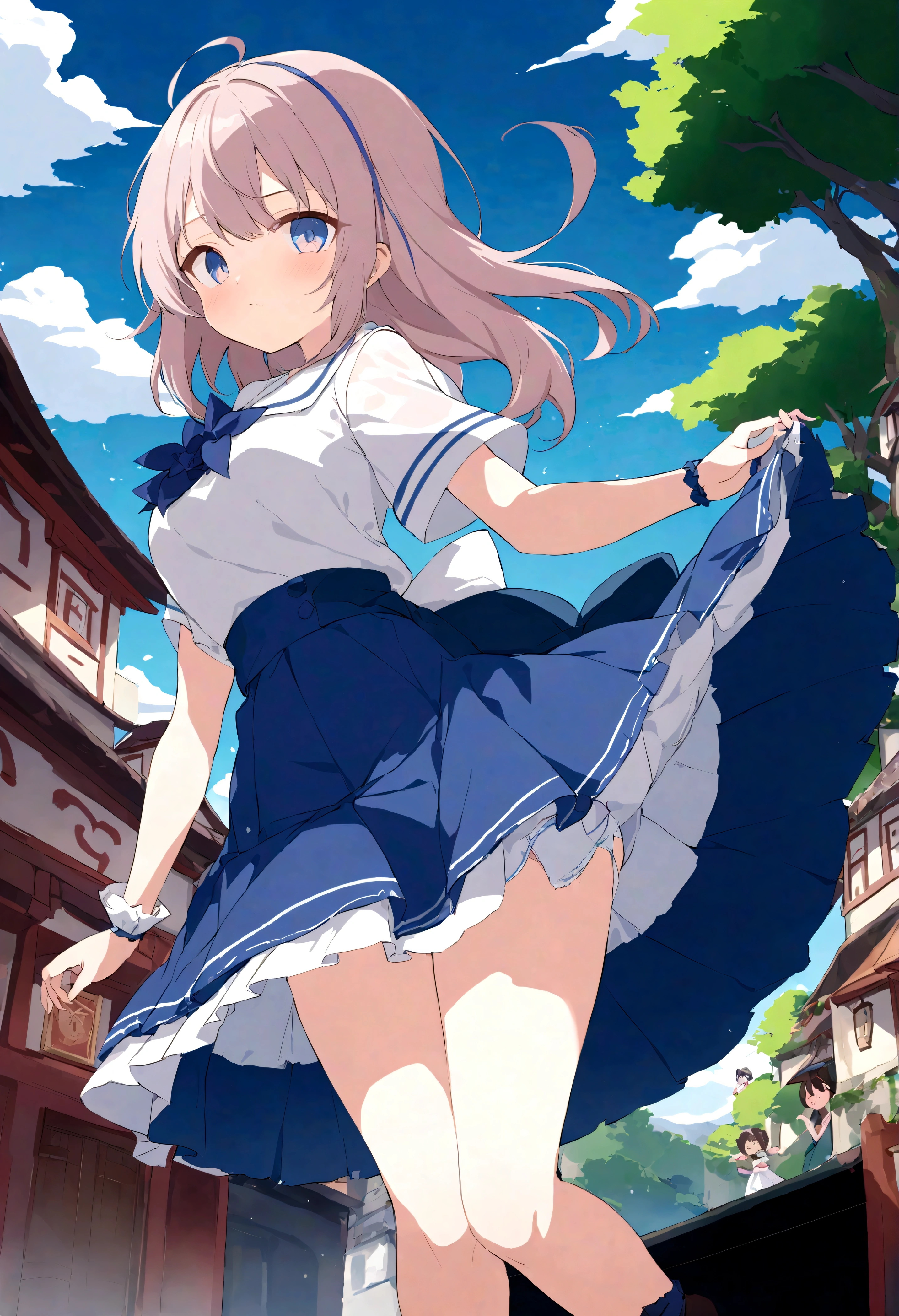 The strong wind is showing her white cotton panties、The strong wind is showing her white cotton panties、Kyoko Otonashi　Maison Ikkoku Low Angle、Long skirt、強風でHolding the flipping skirt with your hand、The strong wind is showing her white cotton panties、:((Holding the flipping skirt with your hand))