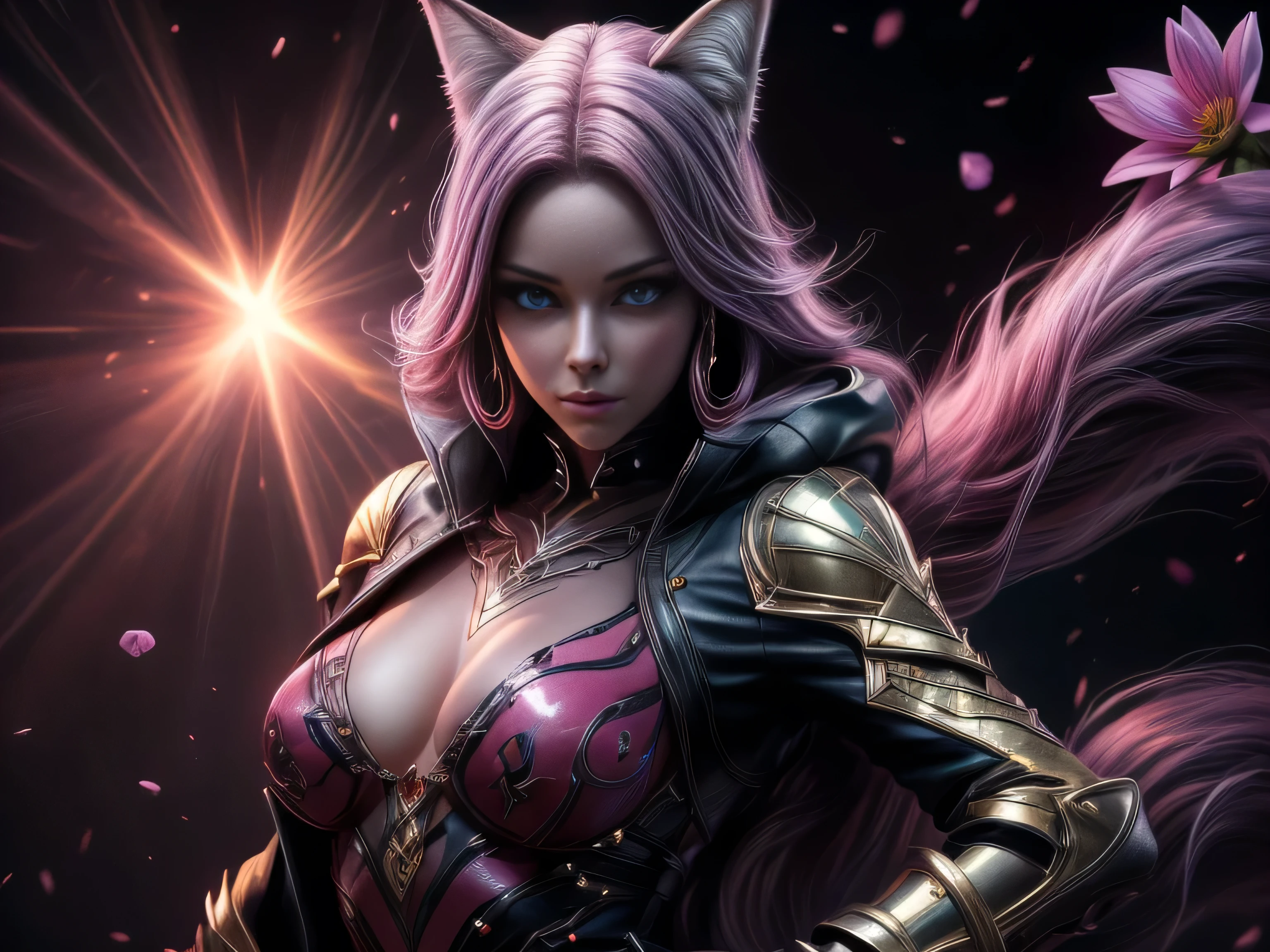 best quality, masterpiece, Ultra-high resolution, future technology, (Photo real scene: 1.4), Fair_Face, Twenty-five-year-old oriental fox girl, Bright Eyes, Cleavage, Long silver hair above the waist, Wear tights, Sitting on a heavy motorcycle, en route, urban roads of the future, night