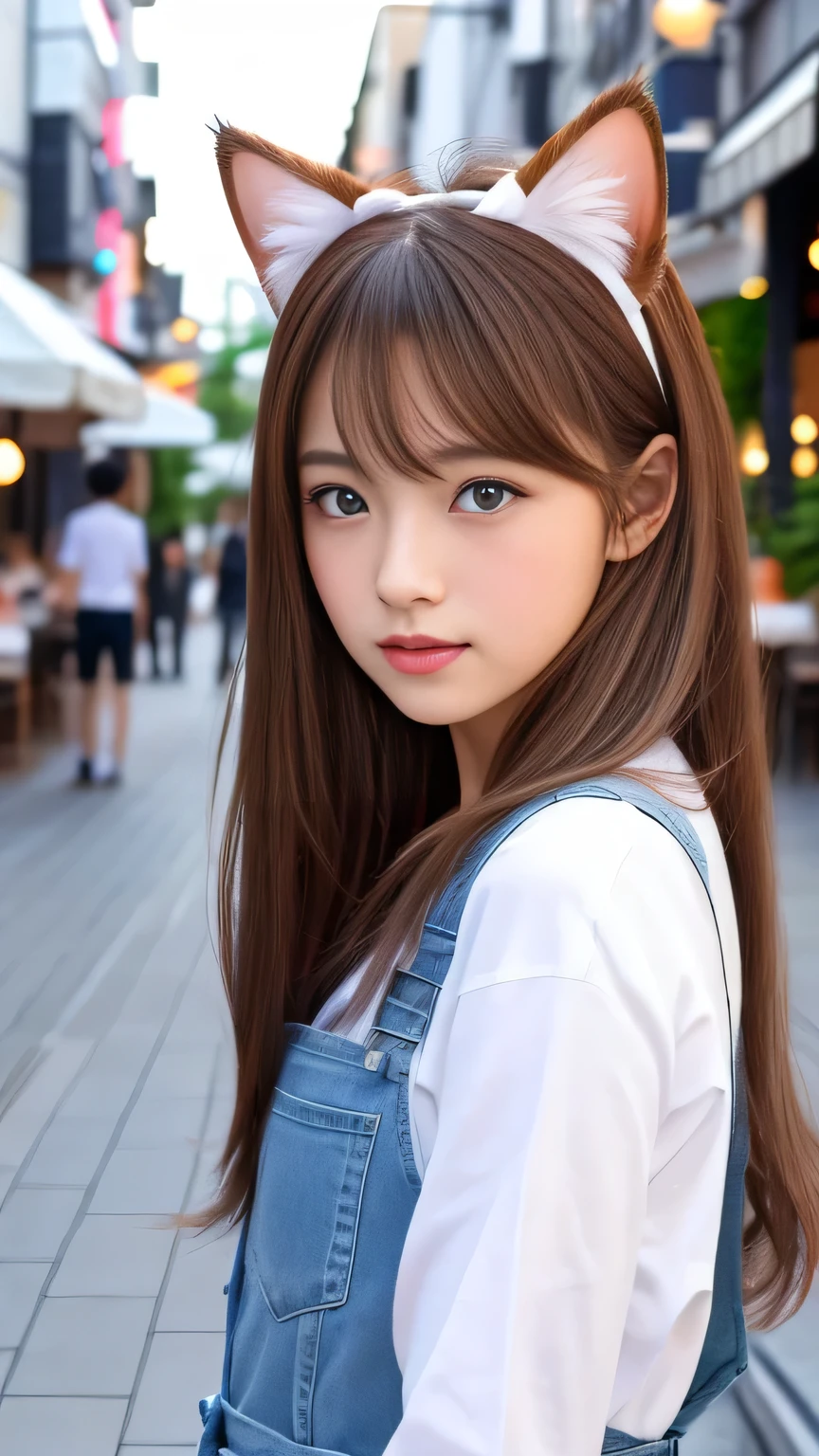 8k、highest quality、Like a real photo、masterpiece、Product quality, One Girl,, Young and beautiful woman in Japan, Long Bob Hair, attractive appearance,, High resolution, High detail, Detailed hairstyle, Detailed face, Great cinema lighting, Octane Rendering, Vibrant, Ultra-realistic, Perfect limbs, Perfect Anatomy、、Cat ears on the head、her hair is light brown.、Cool clothes、In the background is a cafe terrace、A human who is a mix of a cat and a girl、Natural color lip、Attractive eyes、Cat color'The ears are dark brown.、Eye color is blue、the ears are hidden by the hair、Double teeth、Yawn