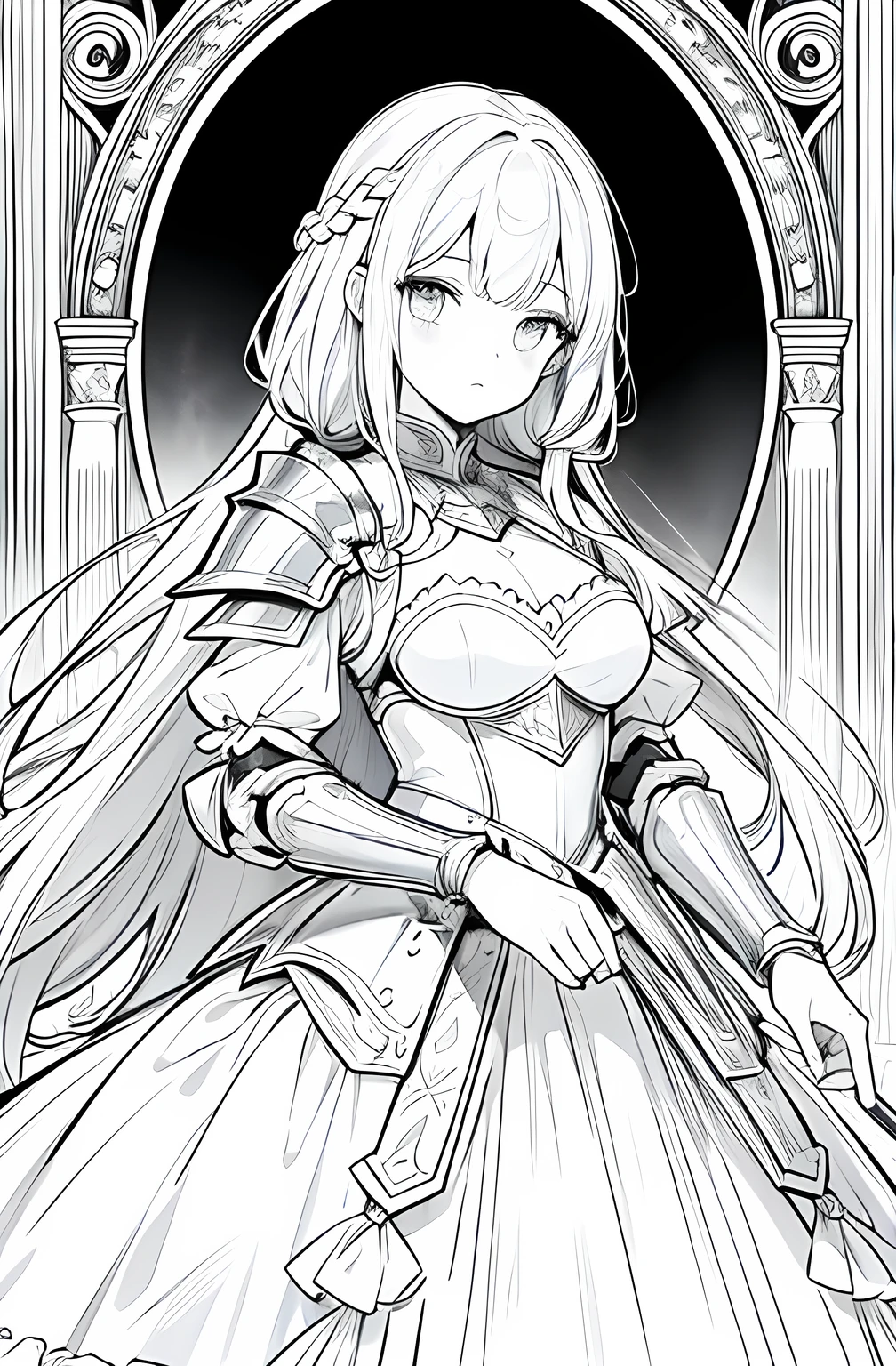 Coloring book,Black and White,Line art,Convert the given image of a beautiful fantasy girl with long braided hair, wearing intricate knight armor and a frilly outfit, into a detailed coloring page. Ensure the outline is clear and defined, suitable for coloring. Maintain the details of her armor, hair, and clothing accessories. Remove any background elements to focus solely on the character.
