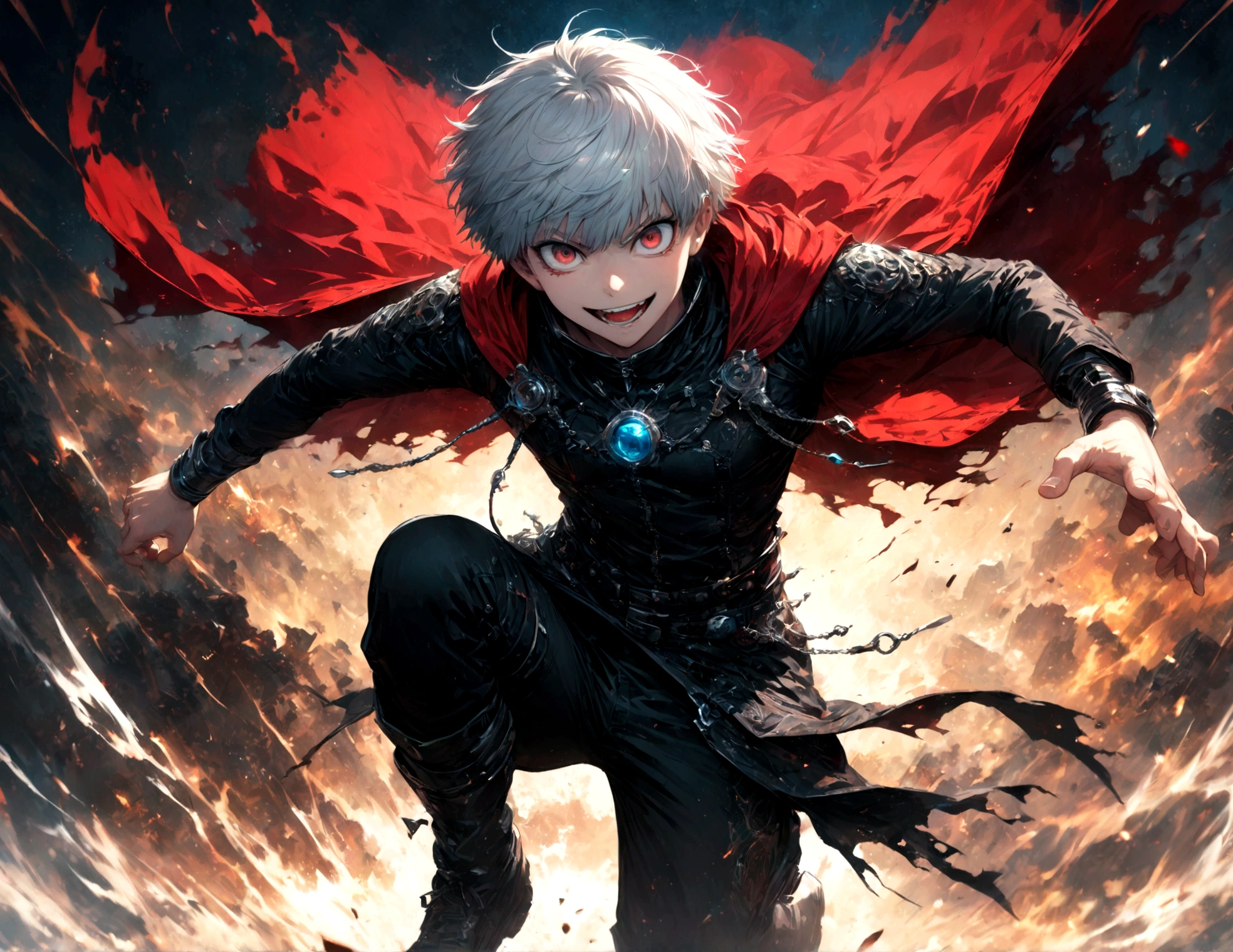 1 male,Kaneki Ken,Tokyo Ghoul,Kaneki&#39;s Outfit,Sui Ishida's painting style,Intricate details,Use black and white as your main colors,Decadent,artwork,rendering,Dynamic Pose,(masterpiece:1.3),(highest quality:1.4),(ultra detailed:1.5),High resolution,extremely detailed,unity 8k wallpaper,Dark fantasy,Brush strokes,Glare,Battle Style,Crazy smile