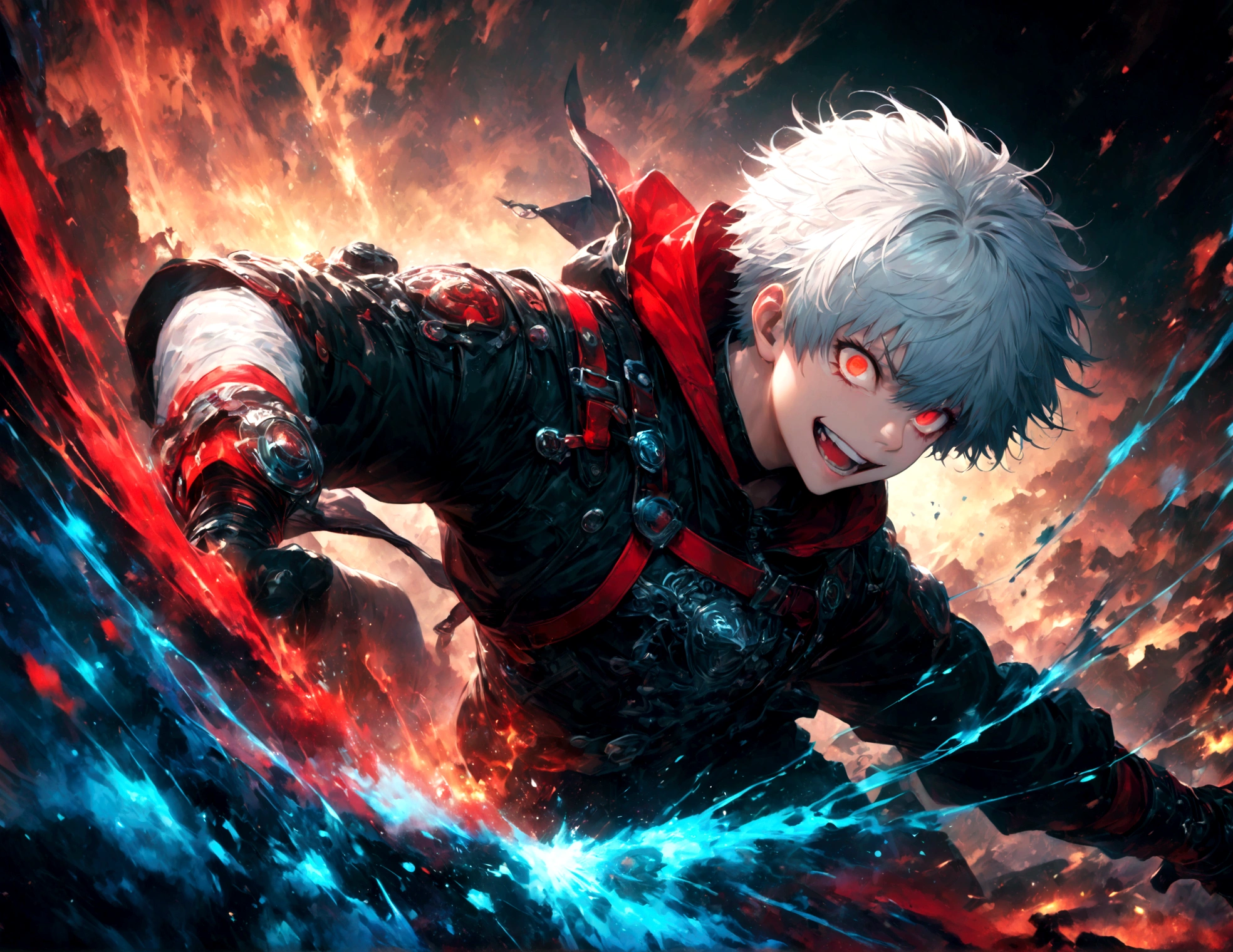 1 male,Kaneki Ken,Tokyo Ghoul,Kaneki&#39;s Outfit,Sui Ishida's painting style,Intricate details,Use black and white as your main colors,Decadent,artwork,rendering,Dynamic Pose,(masterpiece:1.3),(highest quality:1.4),(ultra detailed:1.5),High resolution,extremely detailed,unity 8k wallpaper,Dark fantasy,Brush strokes,Glare,Battle Style,Crazy smile