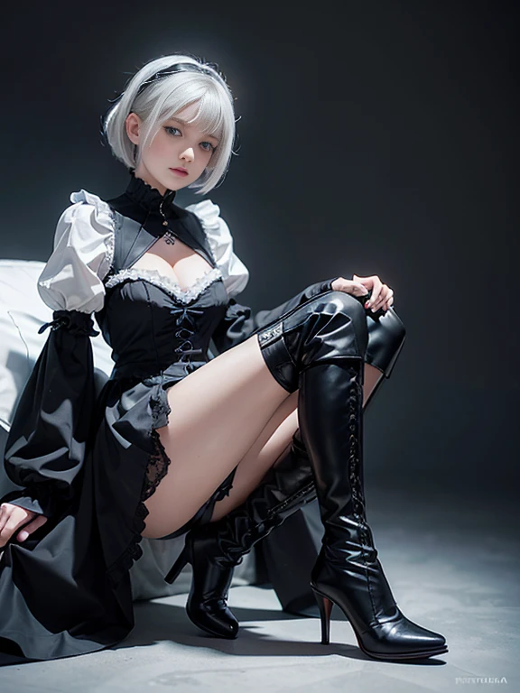 8K,Masterpiece,One woman,Dutch beauty,Ella Freya(Ella Freya),topless,skirt lift,White panties,Panty Shot,smile,30 years old,Blue Eyes,White Hair,Short Bob Hair,(Gothic ta),Dutch beauty,Ella Freya(Ella Freya),(White panties),2b, short hair, Knee socks, gloves, Long sleeve, dress, Slender figure, Cleavage, Small breasts, Gray Hair, Black hair band, boots, Puffy sleeves, black Knee socks, Black footwear, Mole, black dress, High heels, Clothing cutouts, thight boots, Cleavage cutout, Black Hairband, Juliet Sleeve, high heel boots,