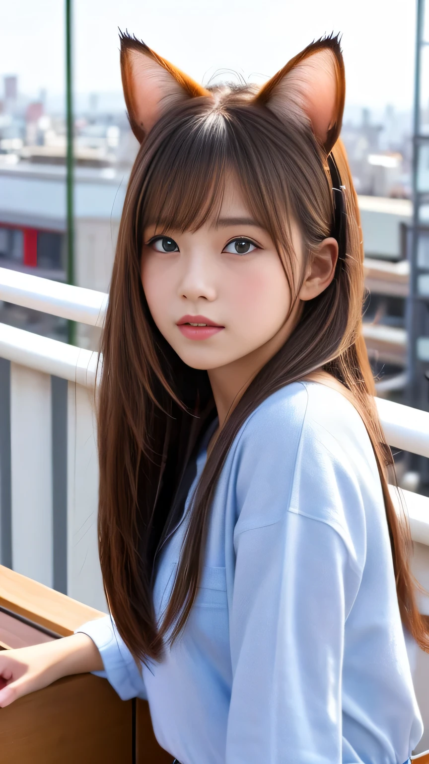 8k、highest quality、Like a real photo、masterpiece、Product quality, One Girl,, Young and beautiful woman in Japan, Long Bob Hair, attractive appearance,, High resolution, High detail, Detailed hairstyle, Detailed face, Great cinema lighting, Octane Rendering, Vibrant, Ultra-realistic, Perfect limbs, Perfect ???????、17 years old、Cat ears on the head、her hair is light brown.、Cool clothes、In the background is a cafe terrace、A human who is a mix of a cat and a girl、Natural color lip、Attractive eyes、Cat color&#39;The ears are dark brown.、Eye color is blue、the ears are hidden by the hair、Double teeth、Yawn