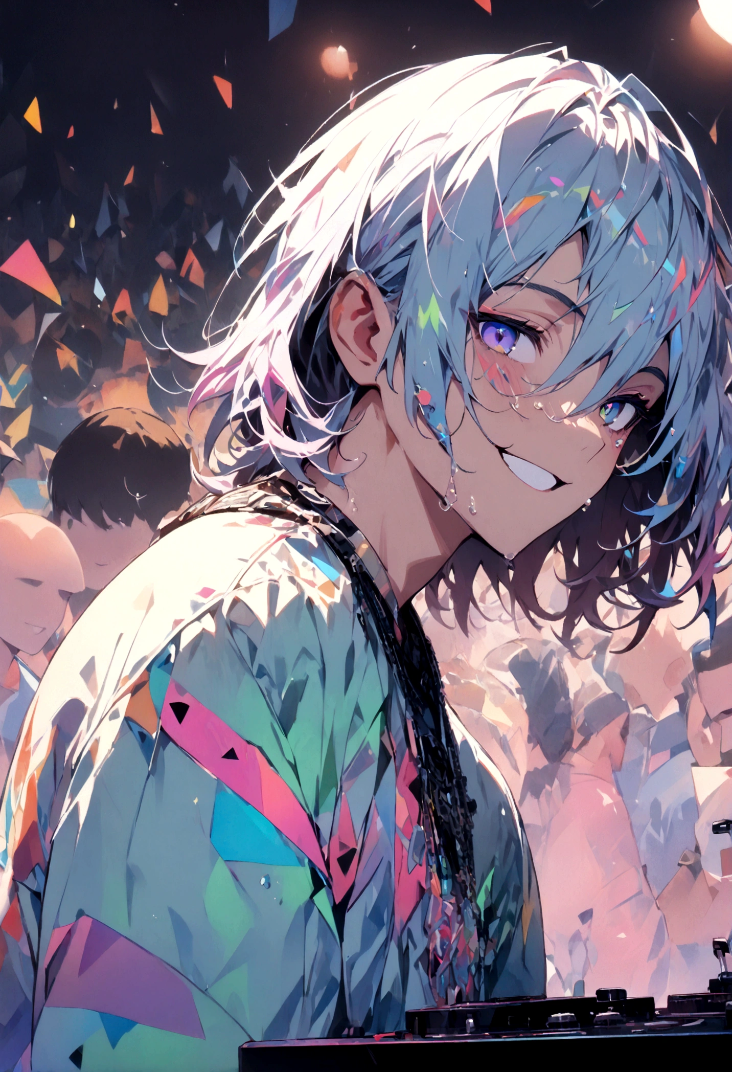 male, Bright design, pastel colour, Drops of ink, ((masterpiece:1.3)), ((highest quality:1.3)), ((Ultra_detailed:1.3)), DJ, Upper body close-up shot, Observe the crowd,masterpiece,high quality,1 boy,medium hair,smile,neutral facial features,