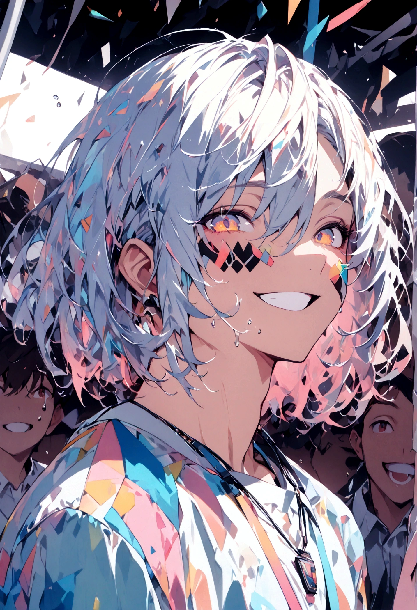 male, Bright design, pastel colour, Drops of ink, ((masterpiece:1.3)), ((highest quality:1.3)), ((Ultra_detailed:1.3)), DJ, Upper body close-up shot, Observe the crowd,masterpiece,high quality,1 boy,medium hair,smile,neutral facial features,