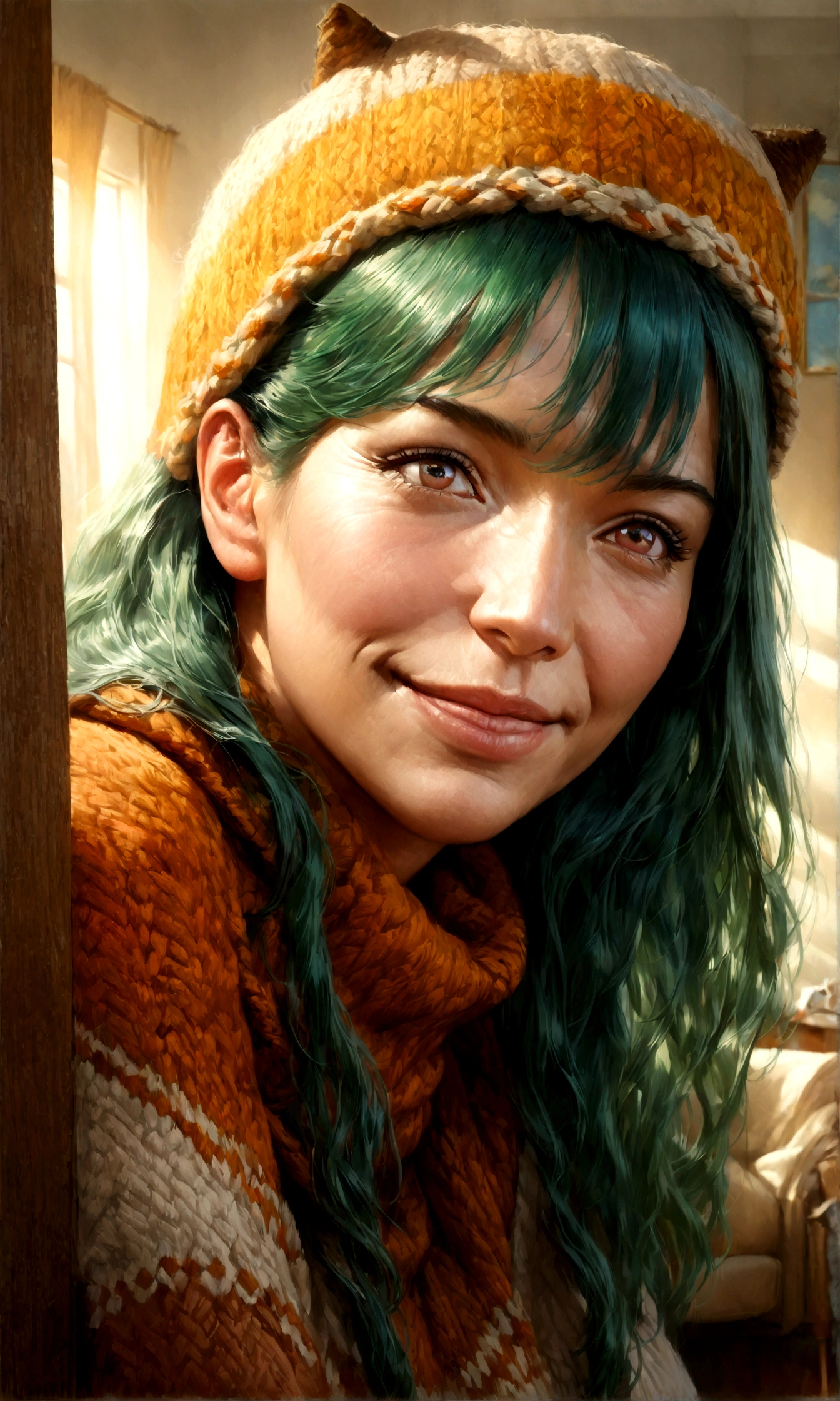 lum, solo, long hair, breasts, dark blue eyes, eyeshadow, dark green hair, bangs, tiny tiger-stripped horns, aqua hair, tsundere, a woman knitting a scarf in the living room, wearing a sweater and a ushanka hat, with a joyful and endearing expression on her face, (best quality,4k,8k,highres,masterpiece:1.2),ultra-detailed,(realistic,photorealistic,photo-realistic:1.37),warm lighting, cozy atmosphere, soft colors, intricate knitting details, comfortable home interior, detailed facial features, beautiful eyes and smile