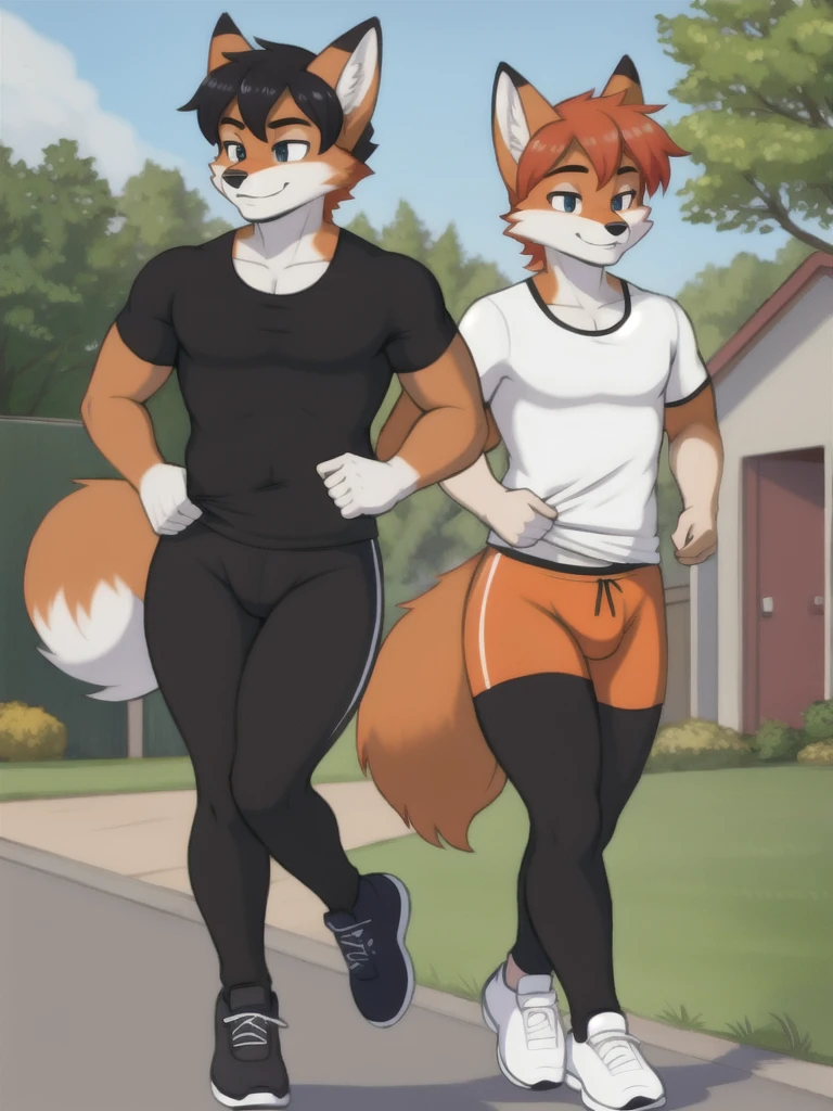 Furry, fox, male, twins, black leggings, white shirt, jogging outside the house, teen