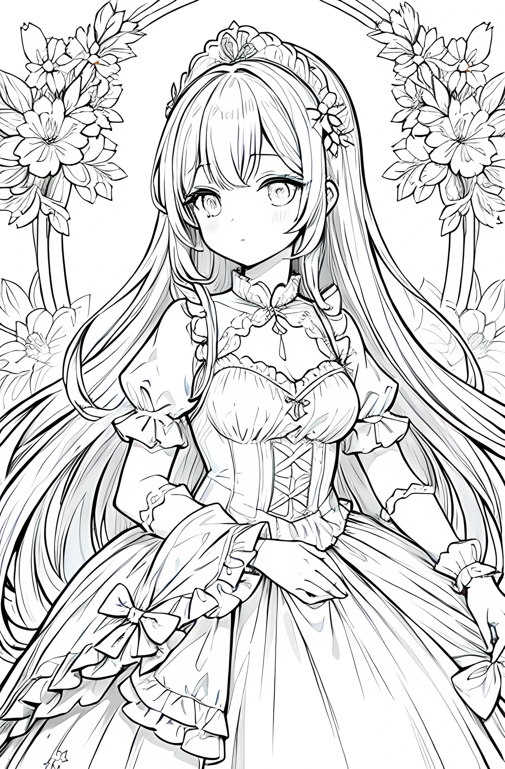 Line art,monochrome,Convert the given image of a beautiful girl with long green hair wearing a frilly white dress into a detailed coloring page. Ensure the outline is clear and defined, suitable for coloring. Maintain the details of her dress, hair, and floral accessories. Remove any background elements to focus solely on the character.