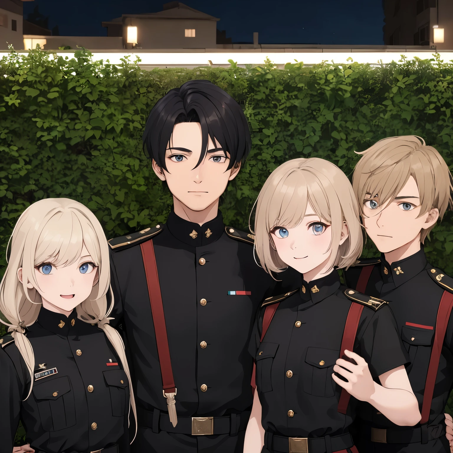 4 People, girls and boys,wearing black army uniforms,30 years old, different hairstyles, different hair colors, different hair styles, different eye colors, ultra detail, ultra HD, garden background,standing,half body photo ,at night