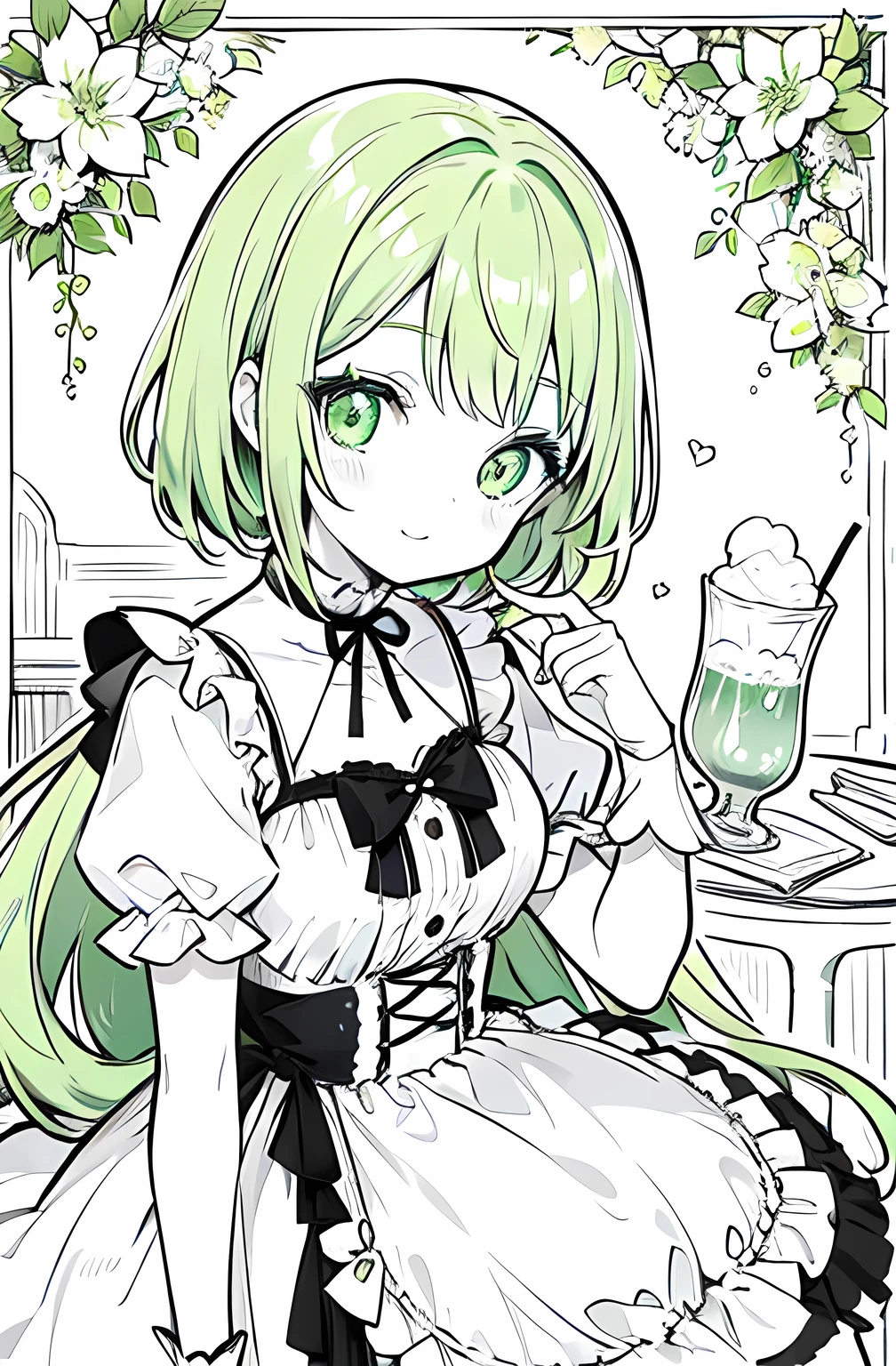 Monochrome,Melon Soda、Cafe、dress、Cherries、Pale skin、fine、cute、bright green eyes、Bright green hair、Fizzy、A cheerful personality、Second dimension beautiful girl