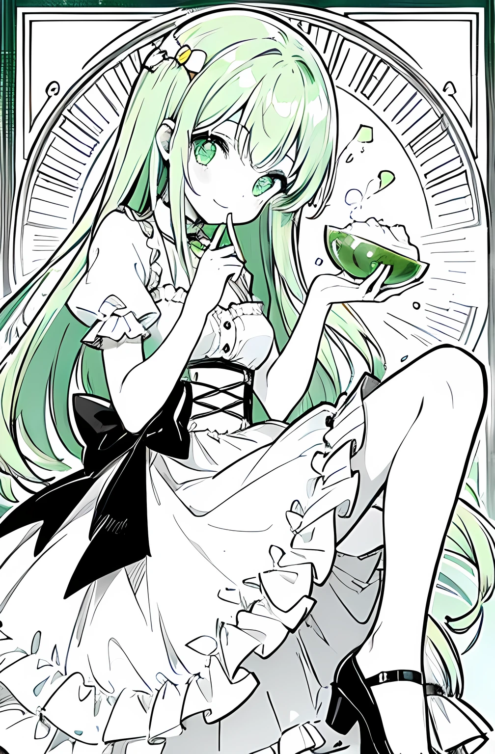 Monochrome,Melon Soda、Cafe、dress、Cherries、Pale skin、fine、cute、bright green eyes、Bright green hair、Fizzy、A cheerful personality、Second dimension beautiful girl