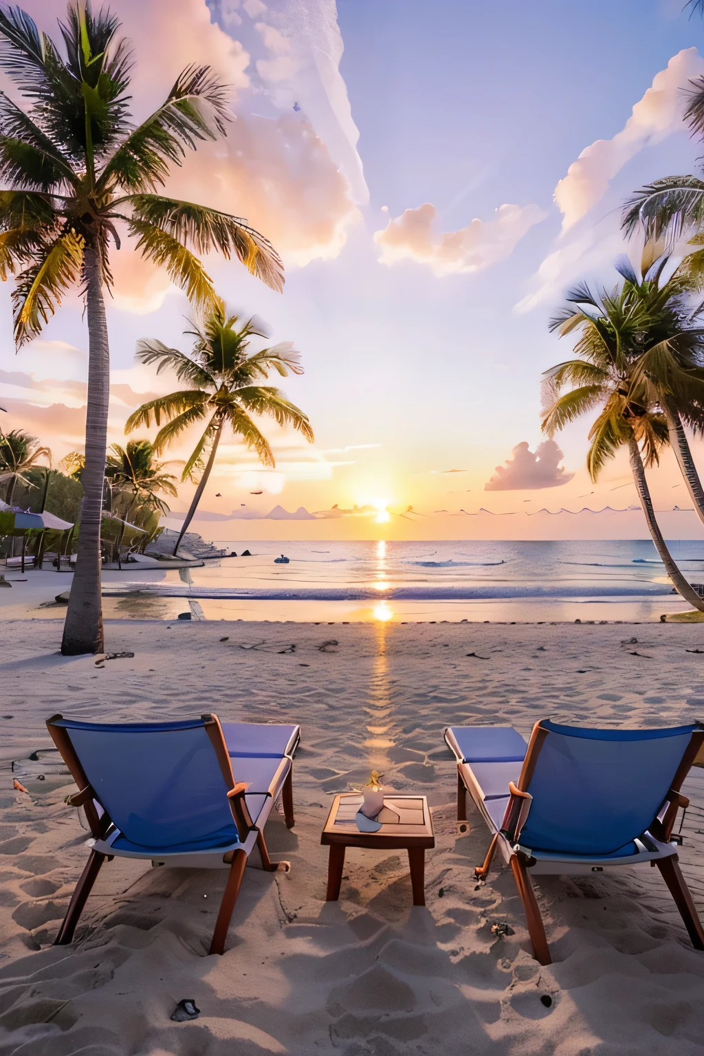 beach with lounge chairs and palm trees at sunset, stunning beautiful beach, reflective lavender sea water, relaxing on the beach at sunset, calm beach atmosphere, dazzling sunrise, fresh and beautiful sunrise, beautiful tropical island beach beautiful, beautiful magic palm trees beach showing beach at sunrise, tropical beach paradise, pastel colored sunrise, dreamy beautiful view