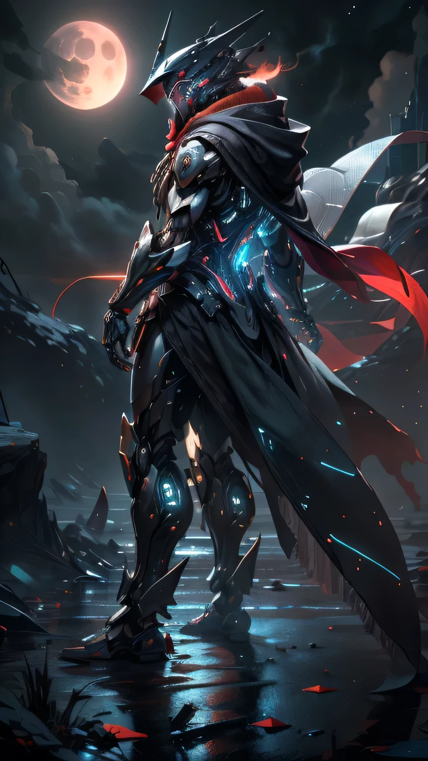 Realistic, shiny, reflective, bioluminescent, galactic cybernetic mask, mecha, (assassin: 1.2), ((scarf, long cloak))), SH4G0D, GlowingRunes_red, full body, sideways, cinnamon, dark background, starry sky, big moon, backlight, high contrast,