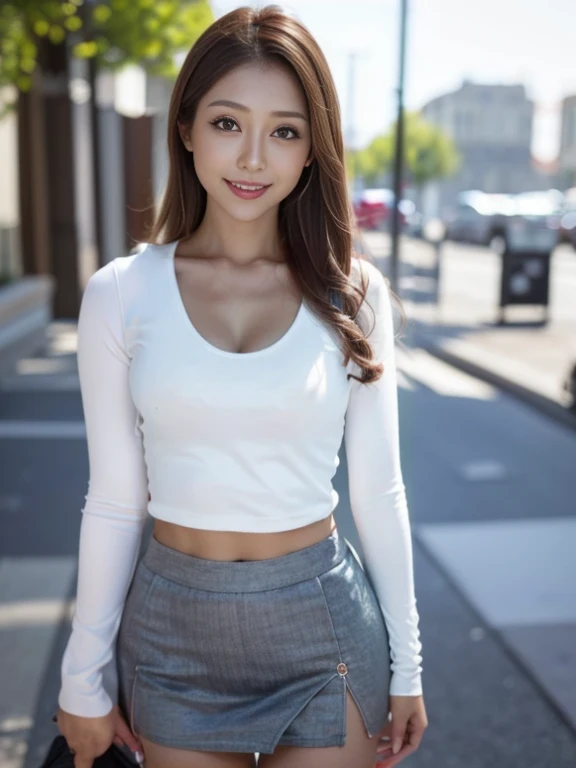 a woman in a White top and grey shorts posing for a picture, wearing Crop top, wearing Tight shirt, セクシーなCrop topを着て, White top, Wearing crop topss, Tight shirt, Wearing crop tops, Wear a cute top, wear tight, simple clothes, wearing a Crop top, Upper body close-up, Crop top, beautiful abdomen, Low cut top