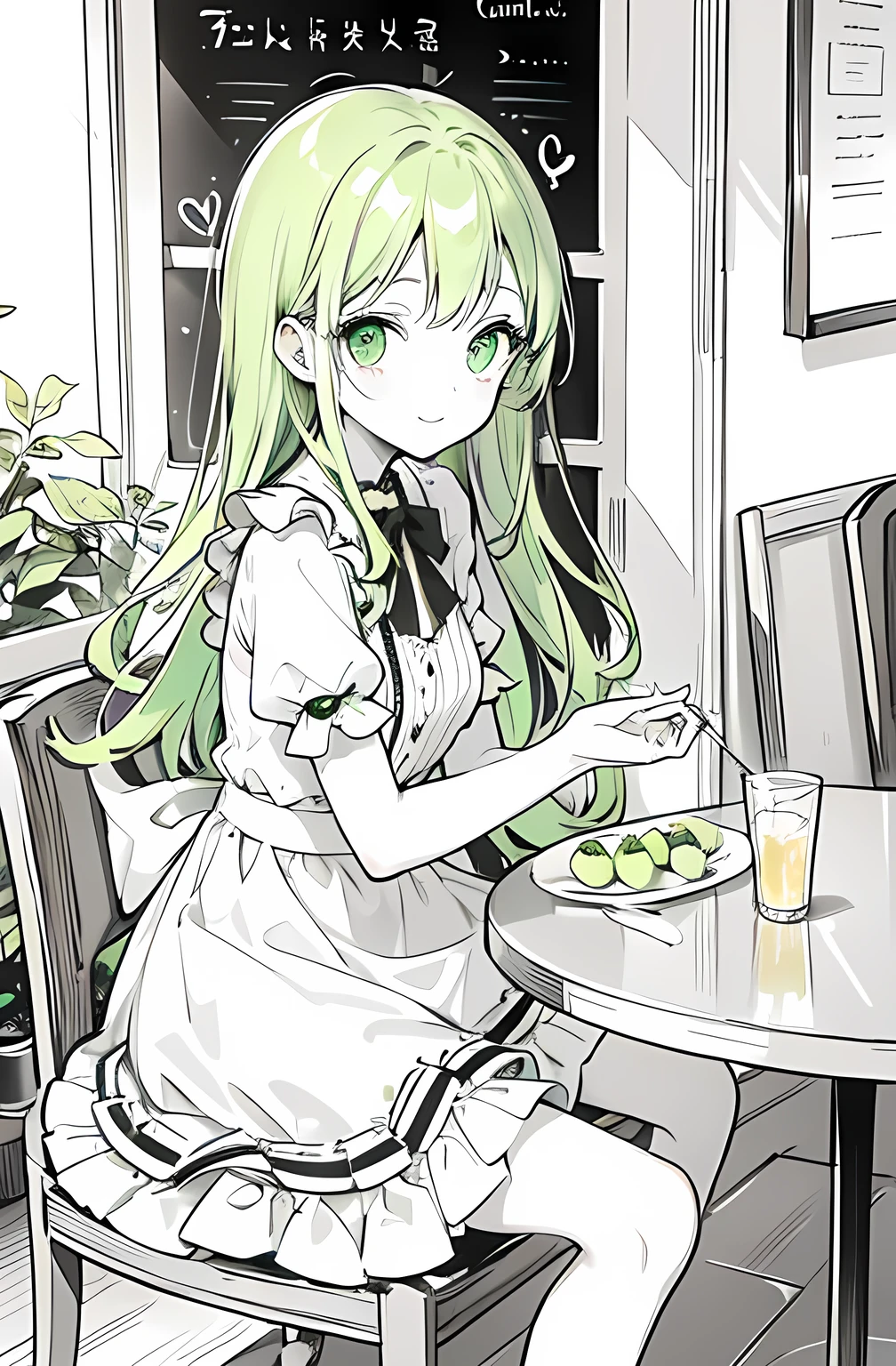 monochrome,Line art,Melon Soda、Cafe、dress、Cherries、Pale skin、fine、cute、bright green eyes、Bright green hair、Fizzy、A cheerful personality、Second dimension beautiful girl