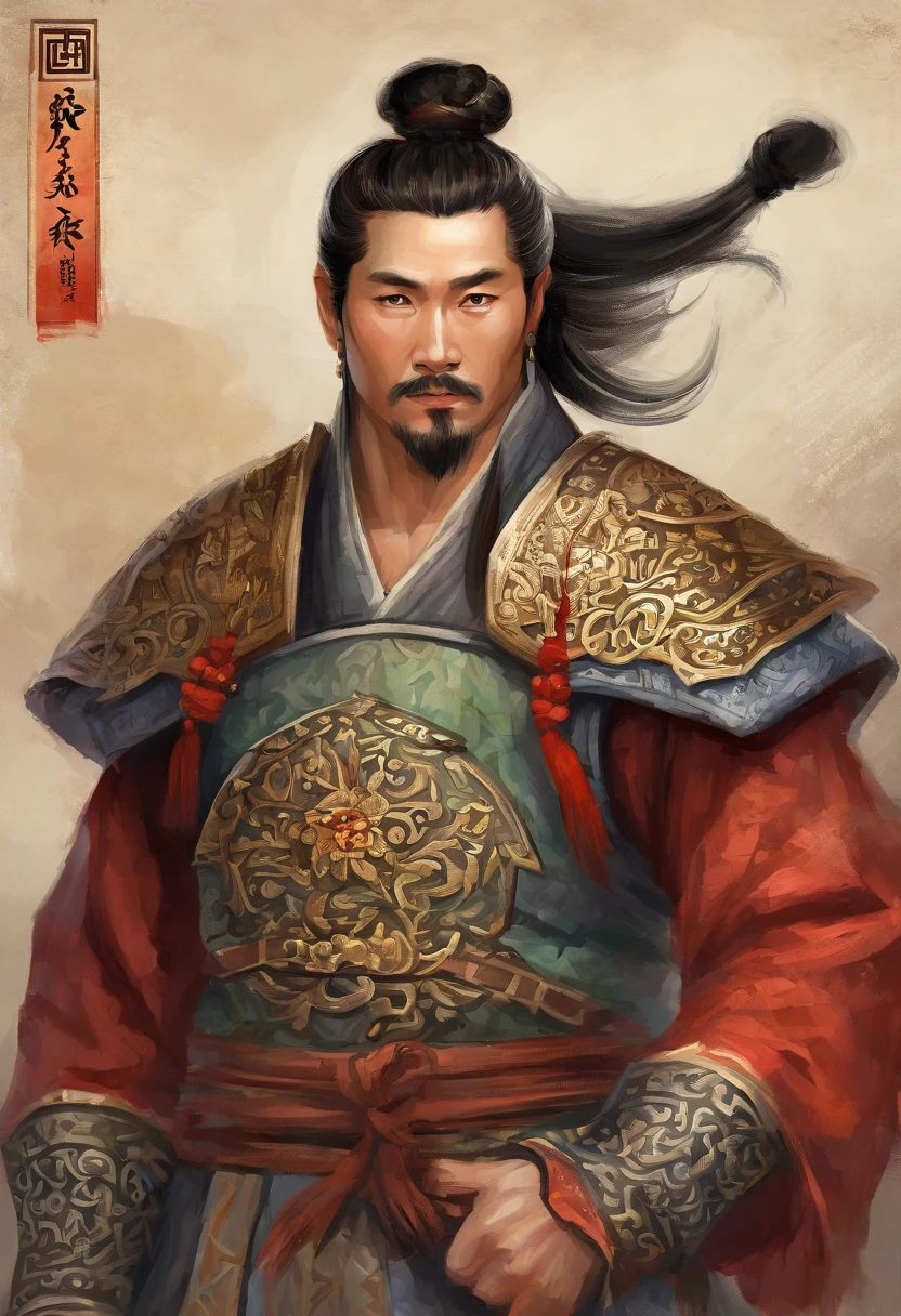 Ancient Chinese man in armor、Clever man、Looking into the camera、His hair is in a bun、Only one topknot、Black Hair、Stand and pose、Pixel art、(masterpiece, highest quality, highest quality), pixel,pixel art,whole body,Characters in Romance of the Three Kingdoms、Transform、Short Deformation、The head is decorated with white embroidery....、Handsome man in trousers