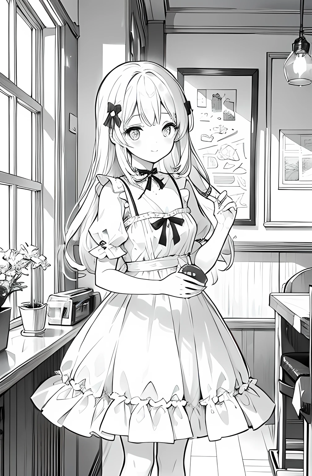 monochrome,Line art,Melon Soda、Cafe、dress、Cherries、Pale skin、fine、cute、Fizzy、A cheerful personality、Second dimension beautiful girl