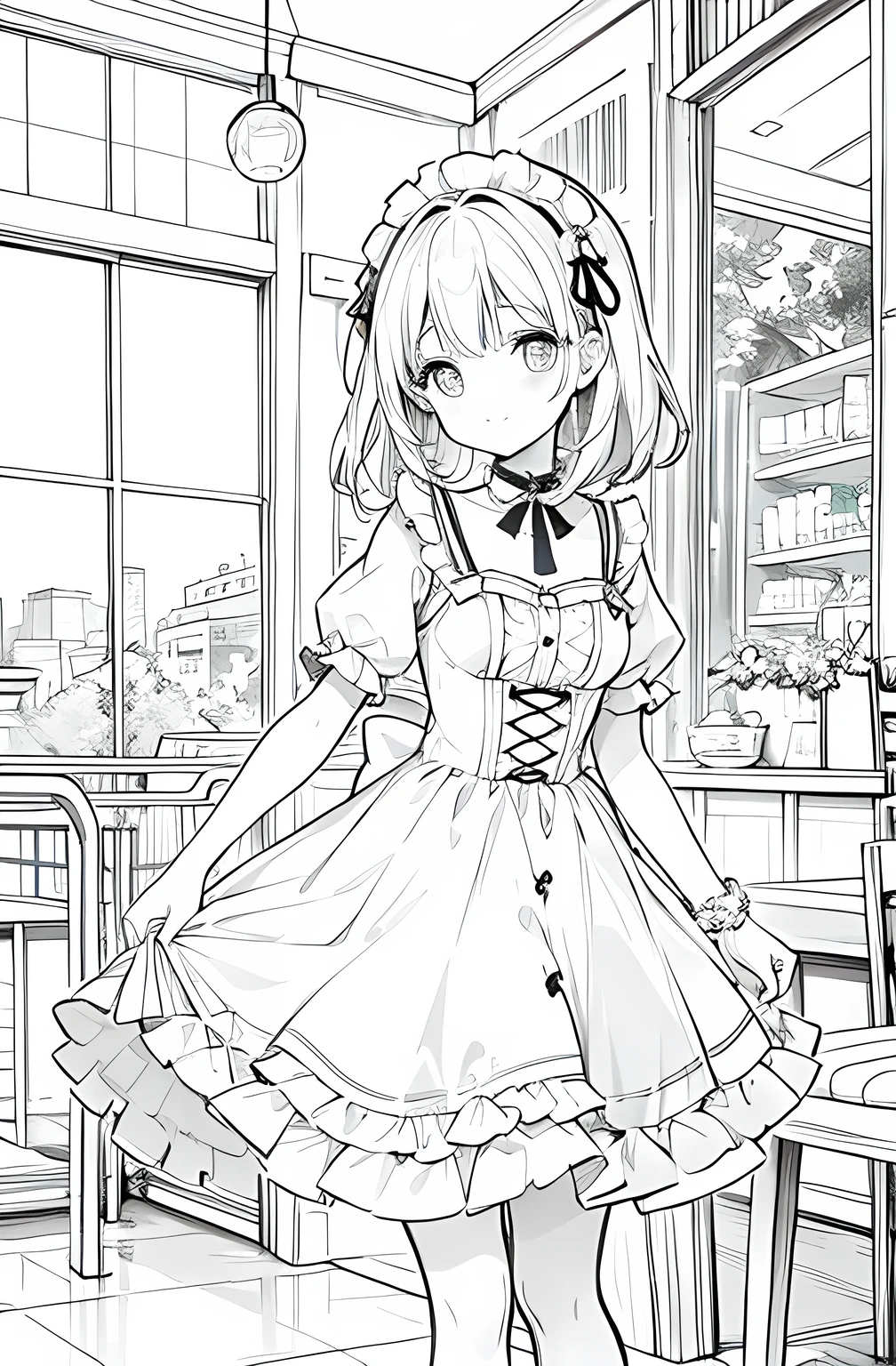 monochrome,Line art,Melon Soda、Cafe、dress、Cherries、Pale skin、fine、cute、Fizzy、A cheerful personality、Second dimension beautiful girl