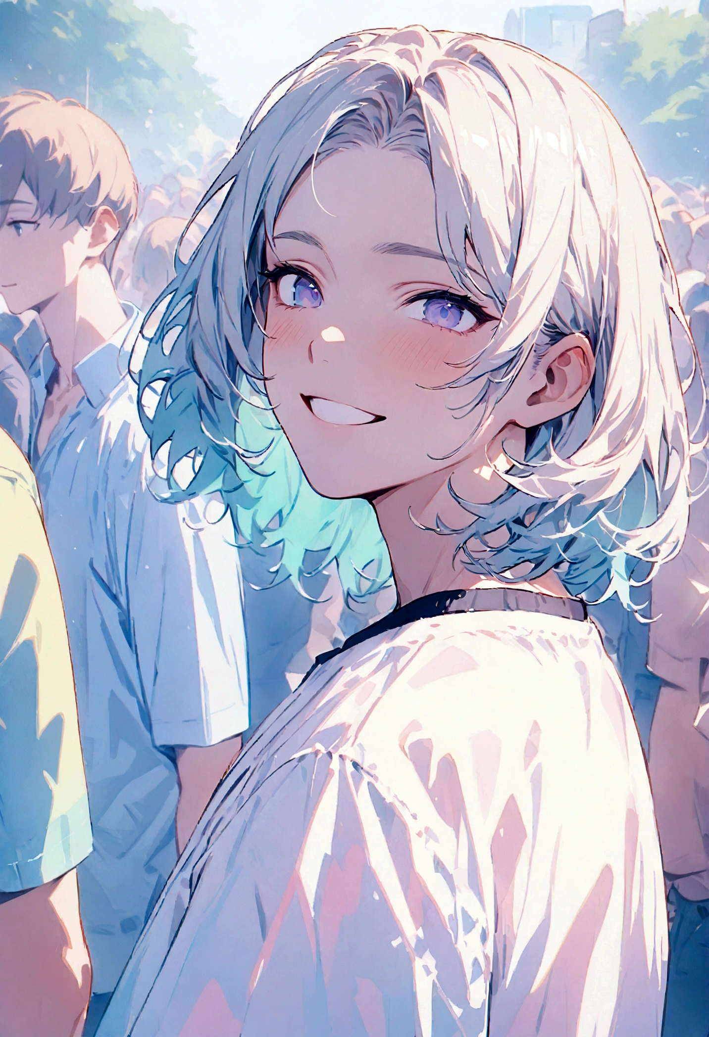male, Bright design, pastel colour, ((masterpiece:1.3)), ((highest quality:1.3)), ((Ultra_detailed:1.3)), Upper body close-up shot, Observe the crowd,masterpiece,high quality,1 boy,medium hair,smile,neutral facial features,