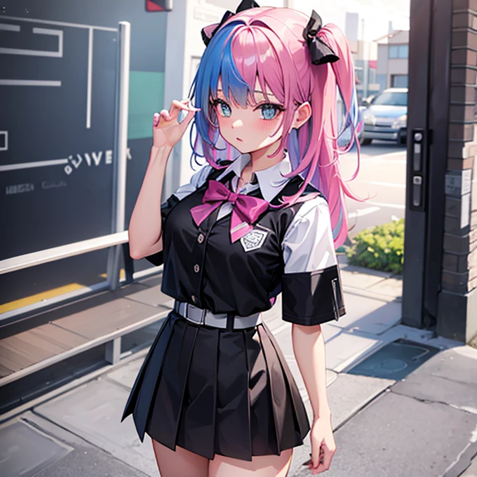 Girl with pink black and blue hair in a black school outfit
