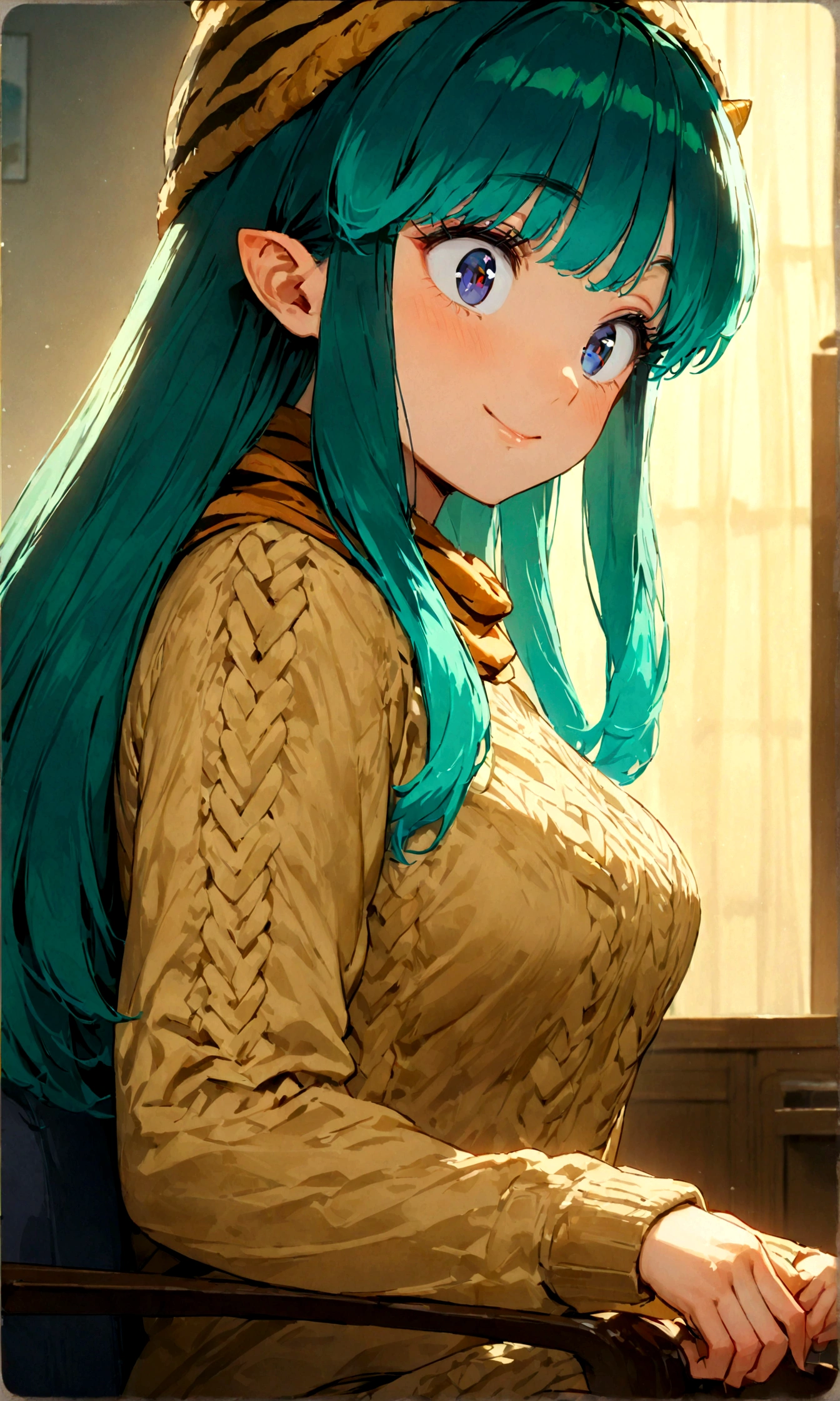 lum, solo, long hair, breasts, dark blue eyes, eyeshadow, dark green hair, bangs, tiny tiger-stripped horns, aqua hair, tsundere, a woman knitting a scarf in the living room, wearing a sweater and a ushanka hat, with a joyful and endearing expression on her face, (best quality,4k,8k, highres, masterpiece:1.2), ultra-detailed), warm lighting, cozy atmosphere, soft colors, intricate knitting details, comfortable home interior, detailed facial features, beautiful eyes and smile