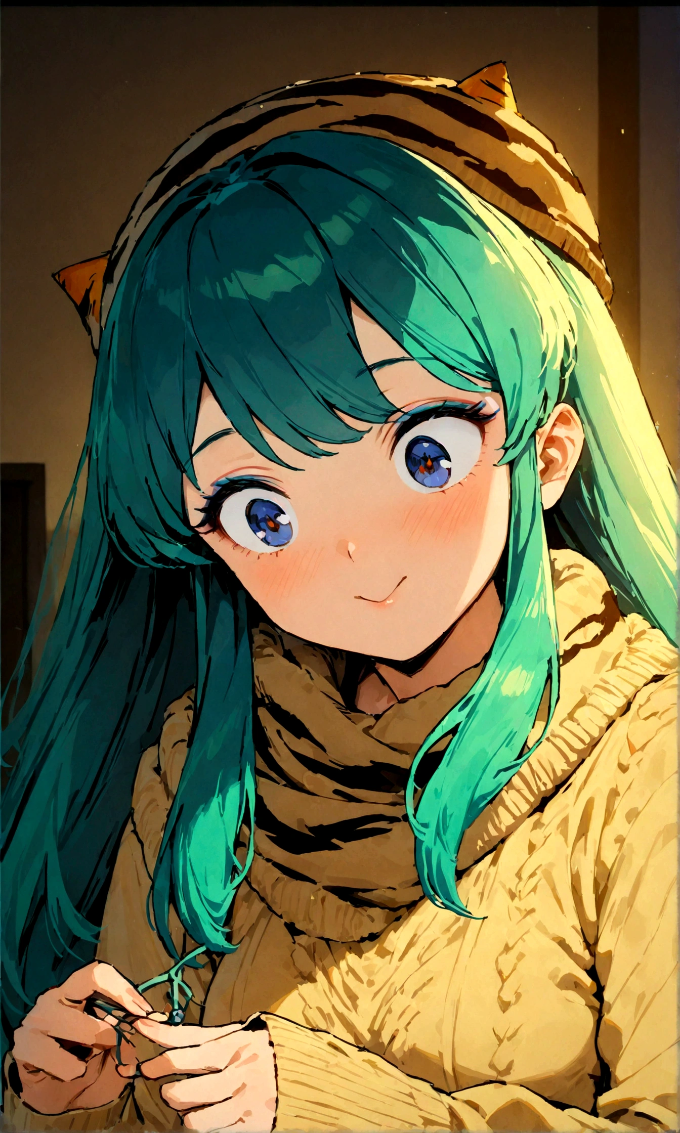 lum, solo, long hair, breasts, dark blue eyes, eyeshadow, dark green hair, bangs, tiny tiger-stripped horns, aqua hair, tsundere, a woman knitting a scarf in the living room, wearing a sweater and a ushanka hat, with a joyful and endearing expression on her face, (best quality,4k,8k, highres, masterpiece:1.2), ultra-detailed), warm lighting, cozy atmosphere, soft colors, intricate knitting details, comfortable home interior, detailed facial features, beautiful eyes and smile