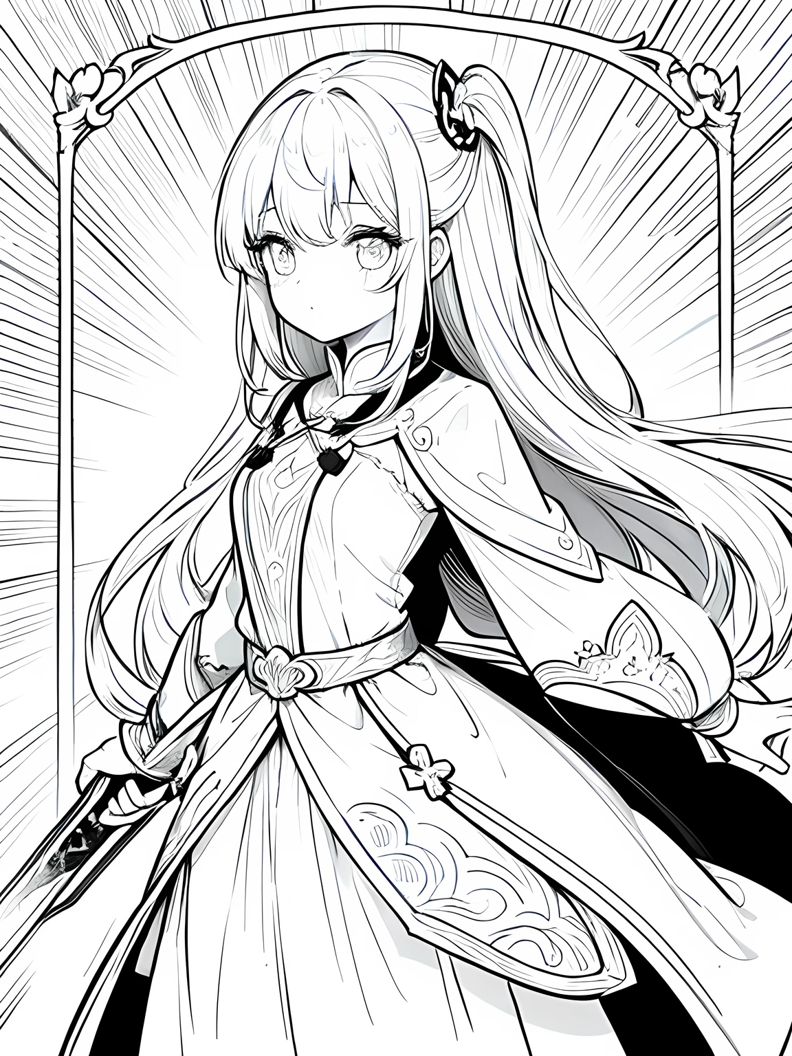 Coloring book、black and white line drawings、Brave、beautiful girl、Sword handle coloring book、black and white line drawings、Brave、beautiful girl、With the hilt of a sword、