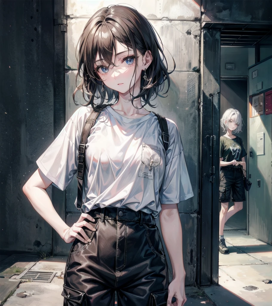 t-shirt, cargo pants, shorts, whole body, absurdres, RAW photo, extremely delicate and beautiful, masterpiece, Best Quality, ultra high resolution, 32k, hyperrealistic, ultra-detailed, detailed description, perfect anatomy, pale skin, 20 years old, detailed beautiful face and eyes, tearful mole, earring, short medium hair, wavy hair, yuri, 2 girls,