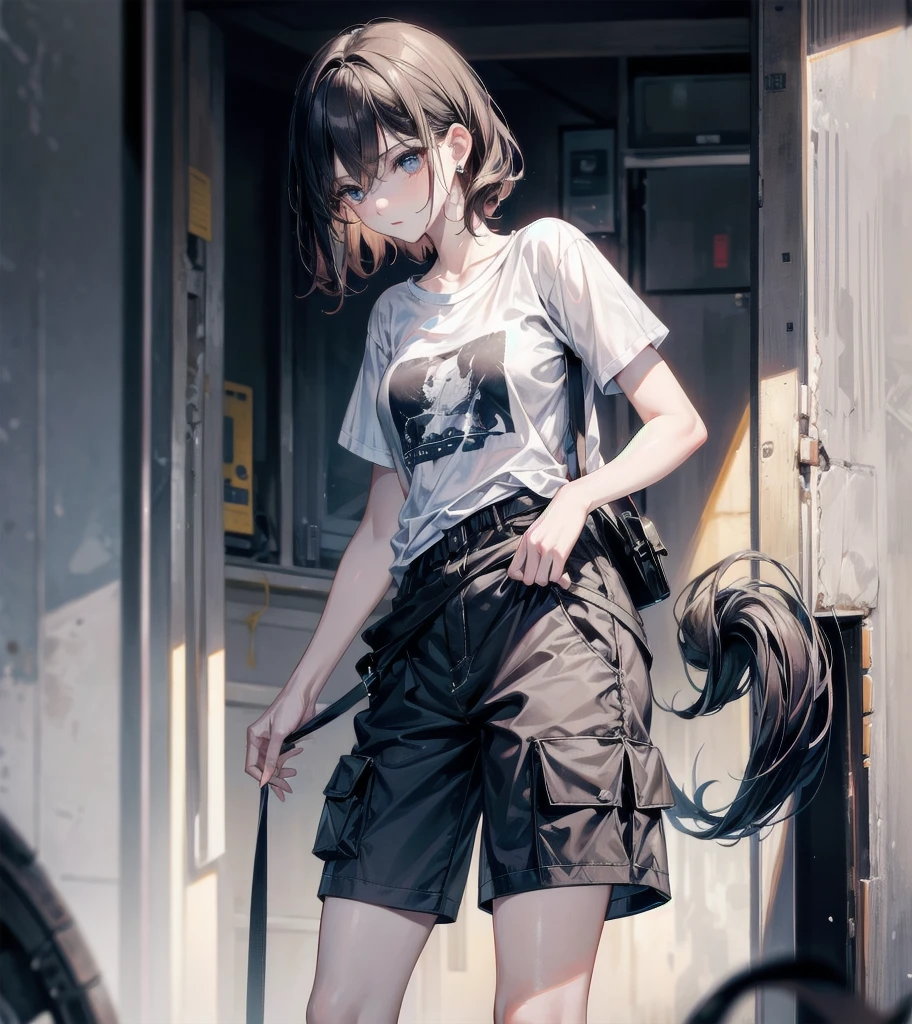 t-shirt, cargo pants, shorts, whole body, absurdres, RAW photo, extremely delicate and beautiful, masterpiece, Best Quality, ultra high resolution, 32k, hyperrealistic, ultra-detailed, detailed description, perfect anatomy, pale skin, 20 years old, detailed beautiful face and eyes, tearful mole, earring, short medium hair, wavy hair, yuri, 2 girls,