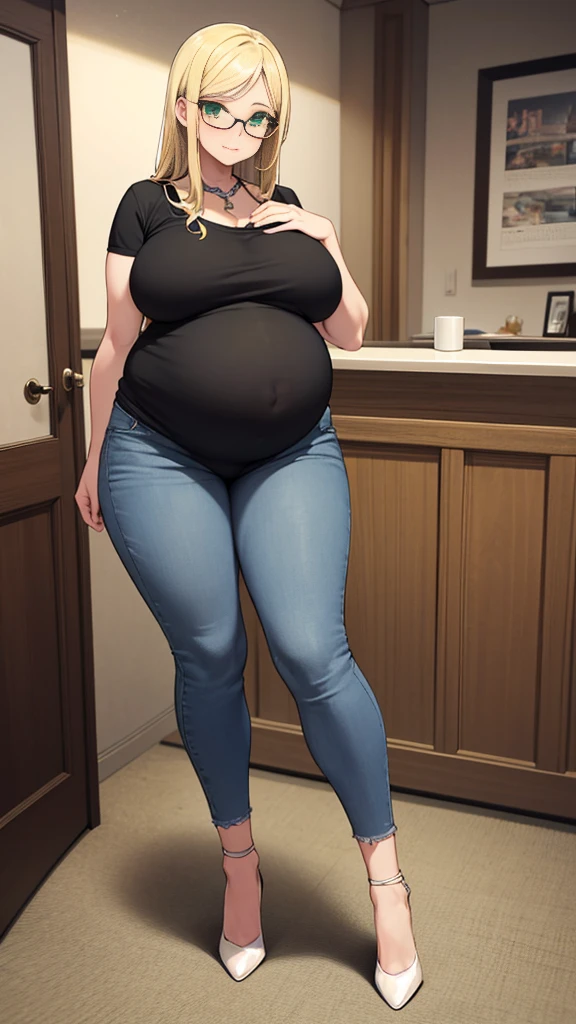 (Full body, glasses), An image of a pregnant girl with her belly on full display wearing casual clothes. She is a very voluptuous lady with blonde hair and green eyes