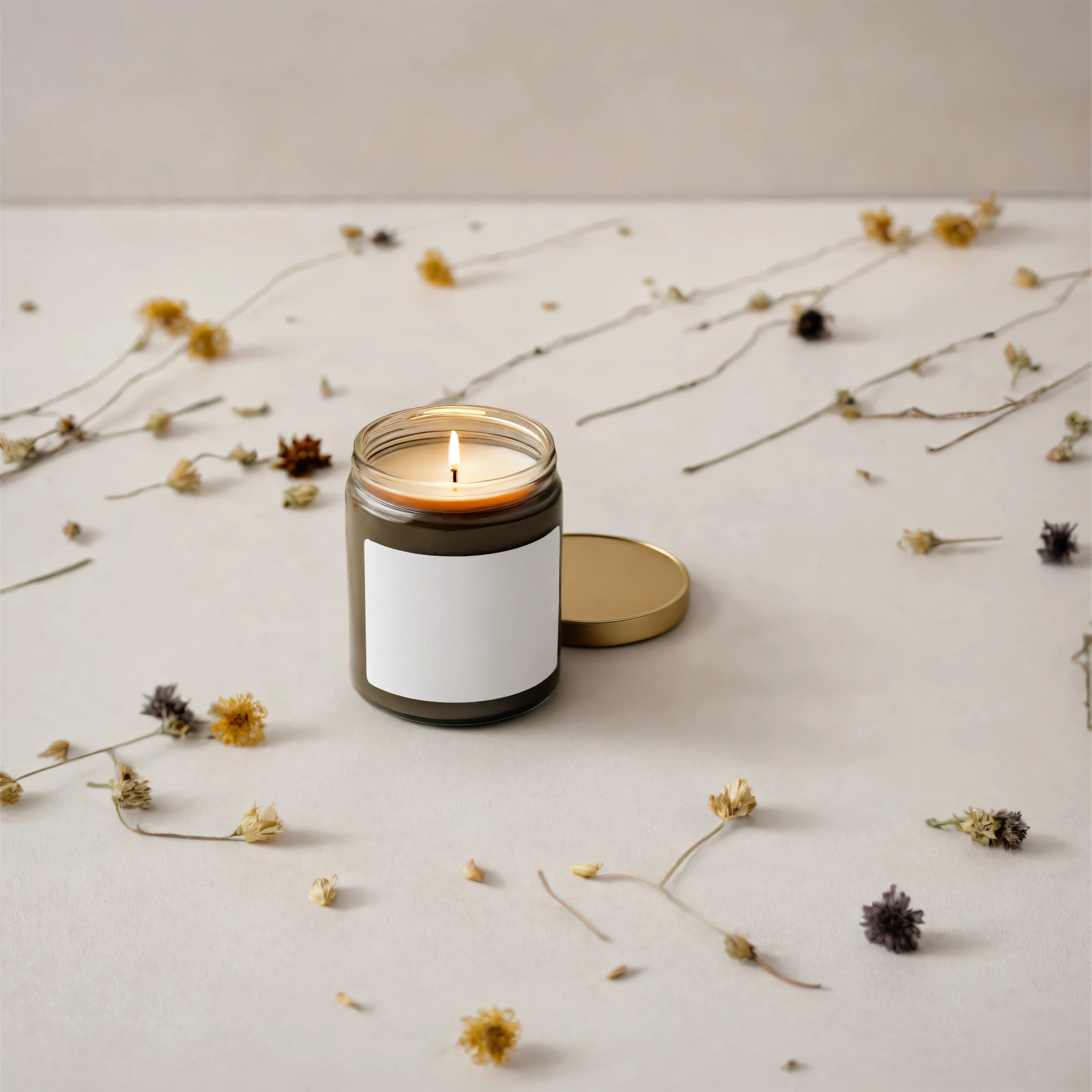 Mockup empty, a blank beige candle in a jar with white label and black lid standing on a white plain surface with lots of abstract dried flowers compositions, professional mockup photography, plenty dried flowers in background lots of dried flowers, dried flowers compositions, full of dried flowers, a lot of dried flowers around