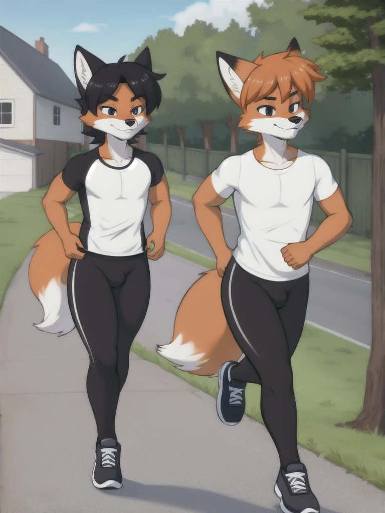 Furry, fox, male, twins, black leggings, white shirt, jogging outside the house, teen