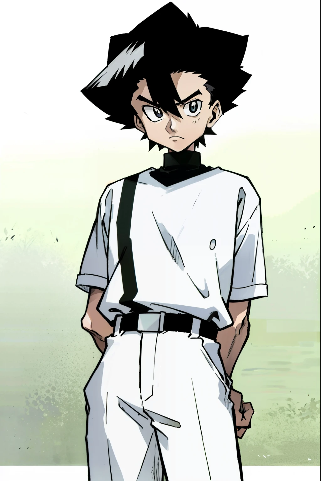 by Ken Sugimori, sugimori 1990s, ((only 1man)), black and white uniform, sports referee ((hands behind their back)), full black pupils, manga, best quality, highly detailed, clean lines, cowboy shot, good hands, good eyes, hd, 8k, professional, symmetrical, hires, 8k,