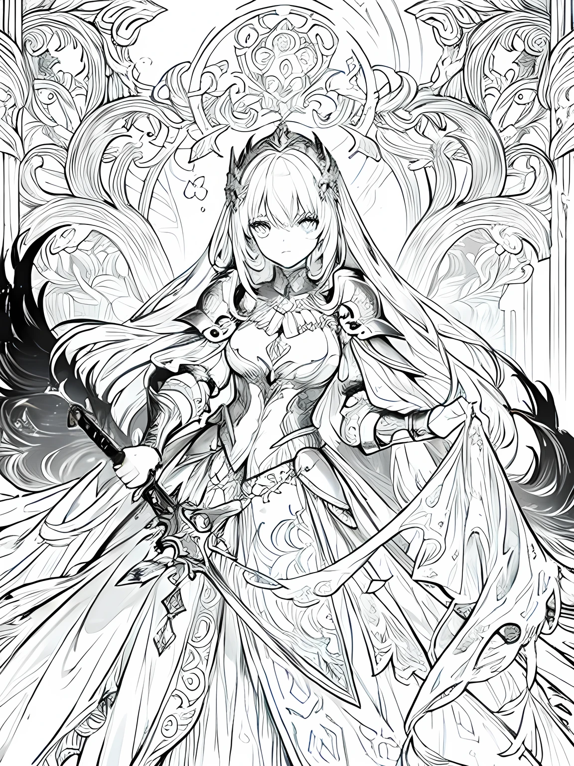 monochrome,Lineart,Create a detailed coloring page of a beautiful fantasy girl with long flowing hair. She is dressed in ornate knight armor and holding a large, elegant sword. Her armor should have intricate designs, such as engravings or patterns, and she should have a determined and courageous expression. Include a fantasy background with elements like castles, mountains, or mystical forests to enhance the scene.”