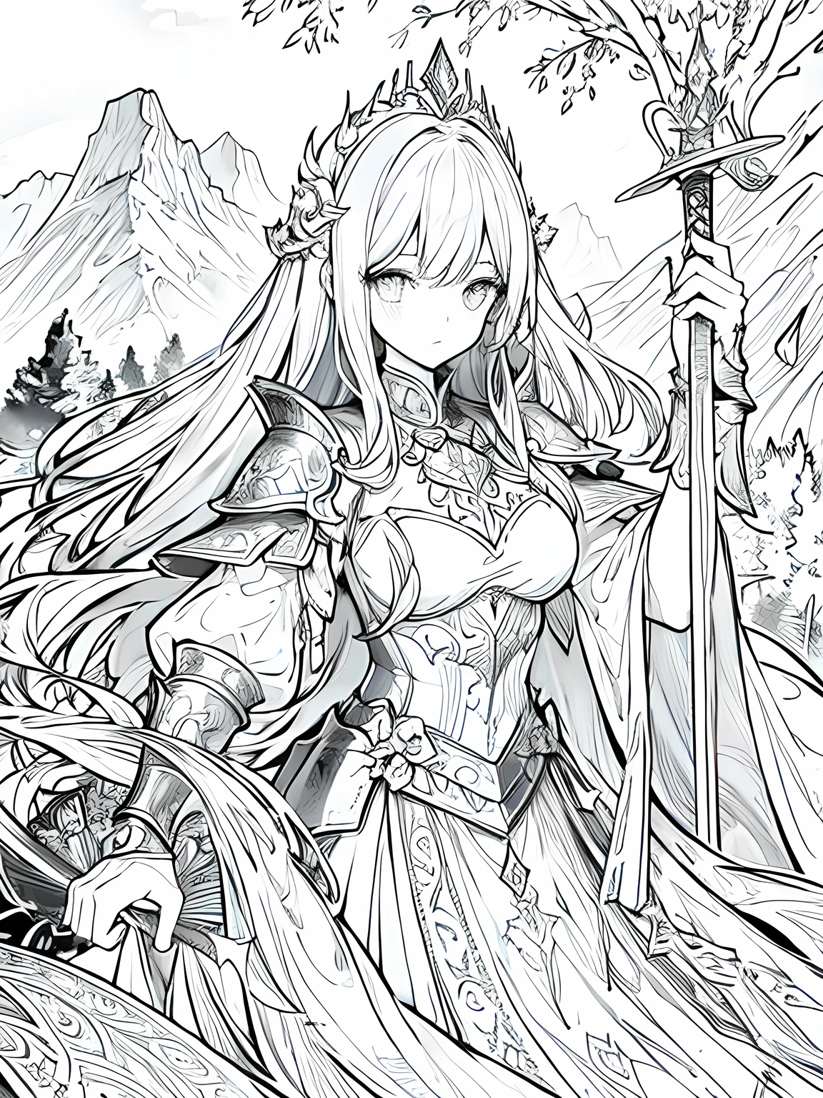 monochrome,Lineart,Create a detailed coloring page of a beautiful fantasy girl with long flowing hair. She is dressed in ornate knight armor and holding a large, elegant sword. Her armor should have intricate designs, such as engravings or patterns, and she should have a determined and courageous expression. Include a fantasy background with elements like castles, mountains, or mystical forests to enhance the scene.”