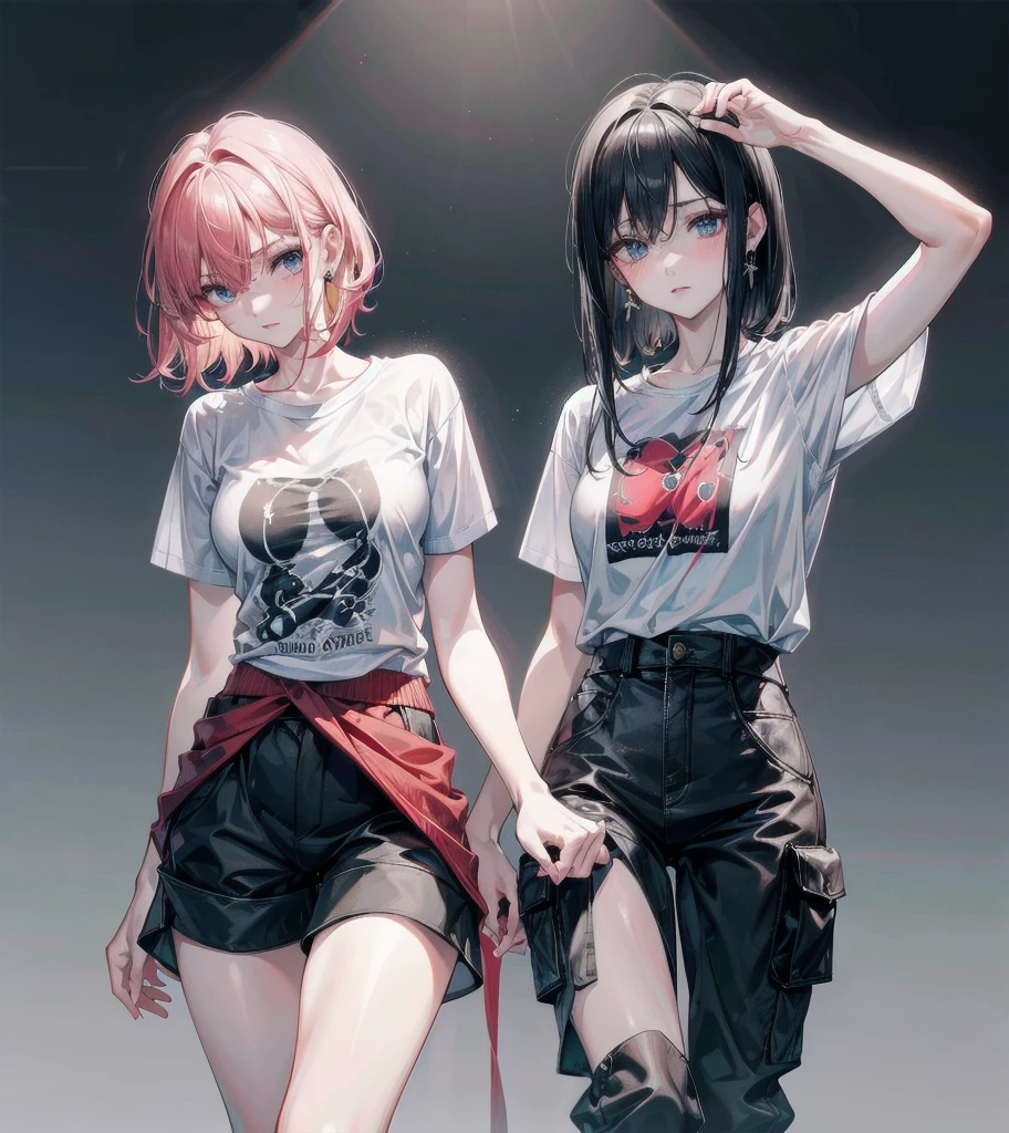 t-shirt, cargo pants, shorts, whole body, absurdres, RAW photo, extremely delicate and beautiful, masterpiece, Best Quality, ultra high resolution, 32k, hyperrealistic, ultra-detailed, detailed description, perfect anatomy, pale skin, 20 years old, detailed beautiful face and eyes, tearful mole, earring, short medium hair, wavy hair, yuri, ((2 girls)),