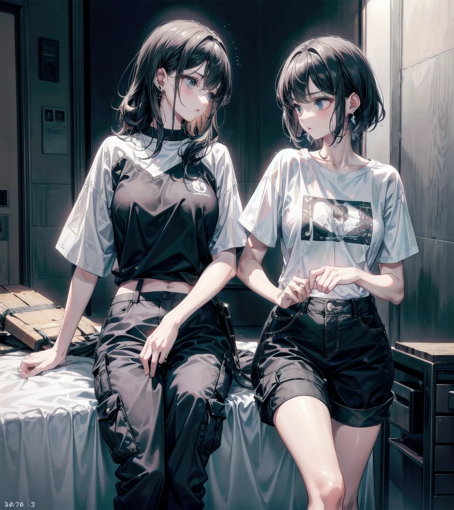 t-shirt, cargo pants, shorts, whole body, absurdres, RAW photo, extremely delicate and beautiful, masterpiece, Best Quality, ultra high resolution, 32k, hyperrealistic, ultra-detailed, detailed description, perfect anatomy, pale skin, 20 years old, detailed beautiful face and eyes, tearful mole, earring, short medium hair, wavy hair, yuri, ((2 girls)),