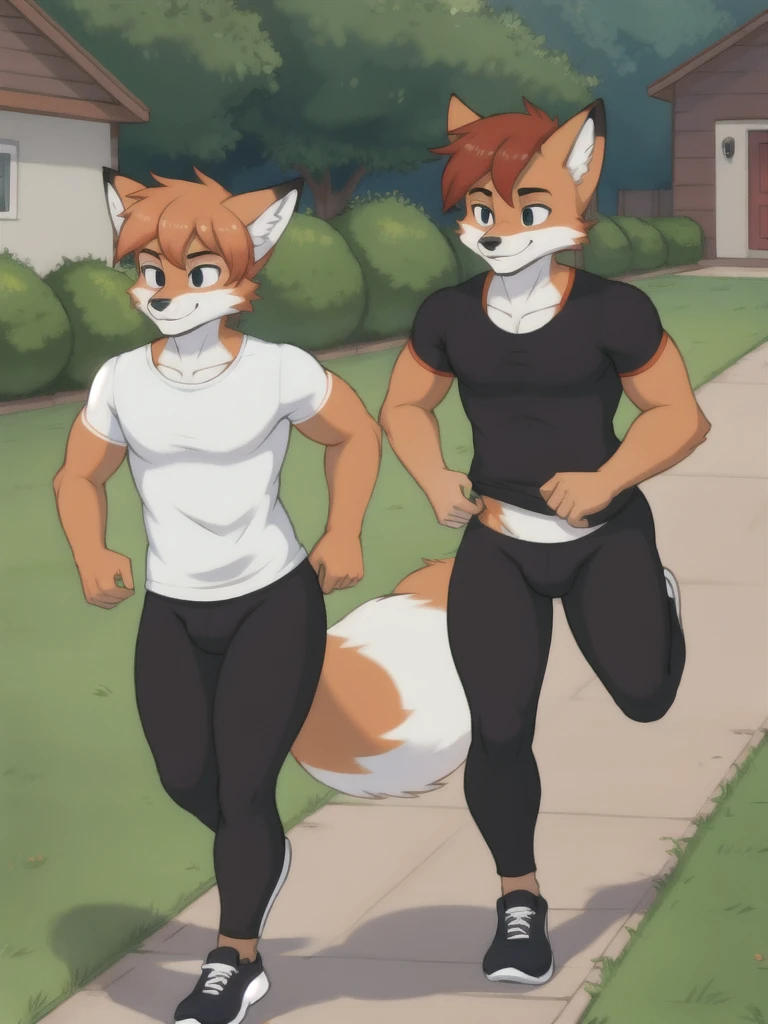 Furry, fox, male, twins, black leggings, white shirt, jogging outside the house,