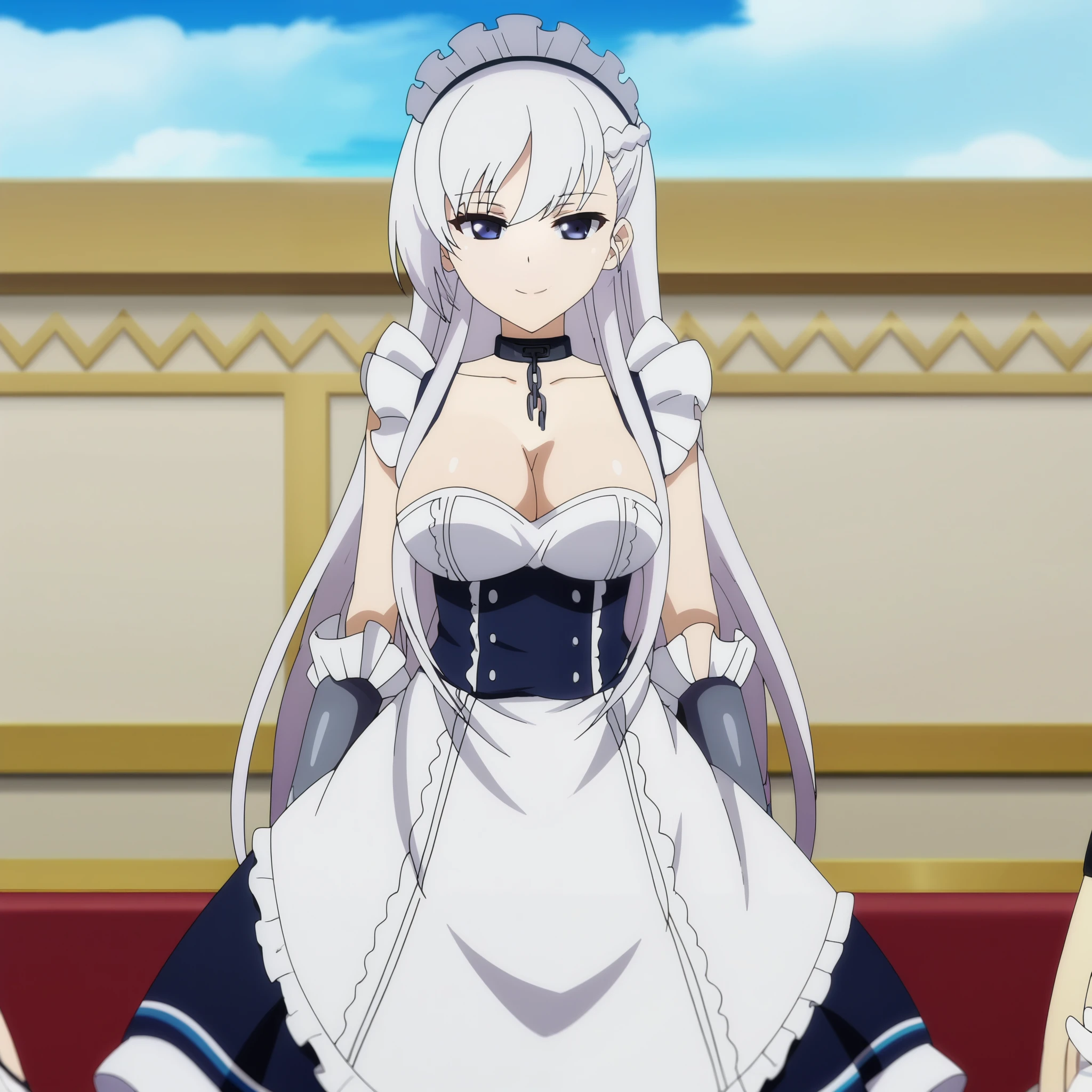 anime screencap, belfast, maid outfit, ocean background, looking at viewer, smile, blue sky, cleavage, cowboy shot,