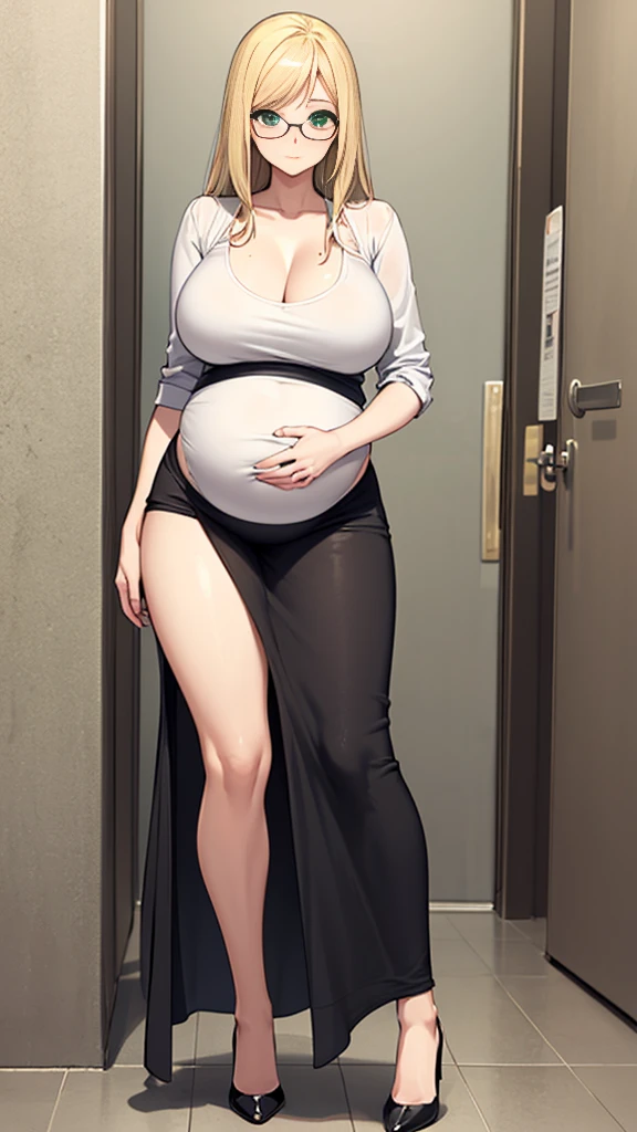 (Full body, glasses), An image of a pregnant girl with her belly on full display wearing casual clothes with high heels. She is a very voluptuous lady with blonde hair and green eyes