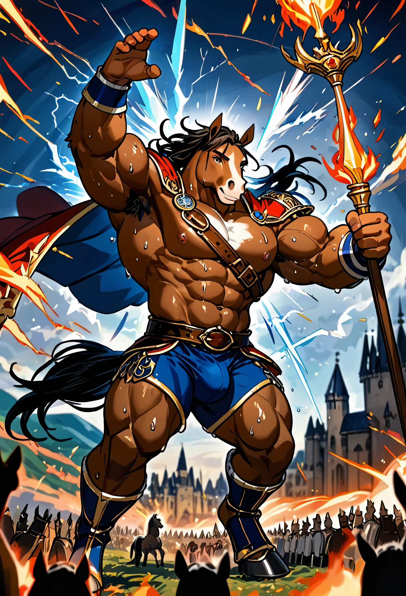 top quality, high-quality illustrations, the beautiful depiction of light seen in Vermeer's works, the intricate portrayal of muscles found in Michelangelo's works, Landscapes inspired by biblical themes depicted by Leonardo da Vinci, masterpiece, dark fantasy, castle, gatekeeper, absurdres, Perfect Anatomy((kemono, beastman, solo focus, bulge in the crotch))(Anthro:1.7)((horse facial features, horse body features))(detailed muscles))full body(Fighting Pose) Armor, Spear, Medieval Warrior, (dense sweat:1.4), casting lightning, electricity, swirling fire, radiating power, sparks, smoke, magic, ((dramatic)), epic, battlefield, depth of field, bokeh, 4k, gothic, ember, particles,