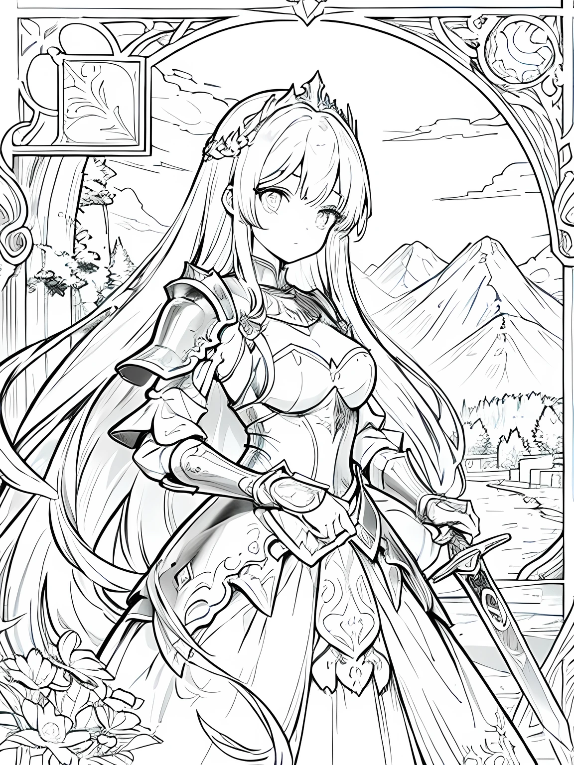 monochrome,Lineart,no shading,single color,coloring book for children,Create a detailed coloring page of a beautiful fantasy girl with long flowing hair. She is dressed in ornate knight armor and holding a large, elegant sword. Her armor should have intricate designs, such as engravings or patterns, and she should have a determined and courageous expression. Include a fantasy background with elements like castles, mountains, or mystical forests to enhance the scene