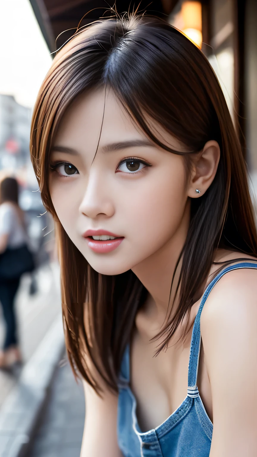 8k、highest quality、Like a real photo、masterpiece、Product quality, One Girl,, Young and beautiful woman in Japan, Long Bob Hair, attractive appearance,, High resolution, High detail, Detailed hairstyle, Detailed face, Great cinema lighting, Octane Rendering, Vibrant, Ultra-realistic, Perfect limbs, Perfect Anatomy、17 years old、her hair is light brown.、Cool clothes、In the background is a cafe terrace、Natural color lip、Attractive eyes、Eye color is blue、the ears are hidden by the hair、Double teeth、Yawn