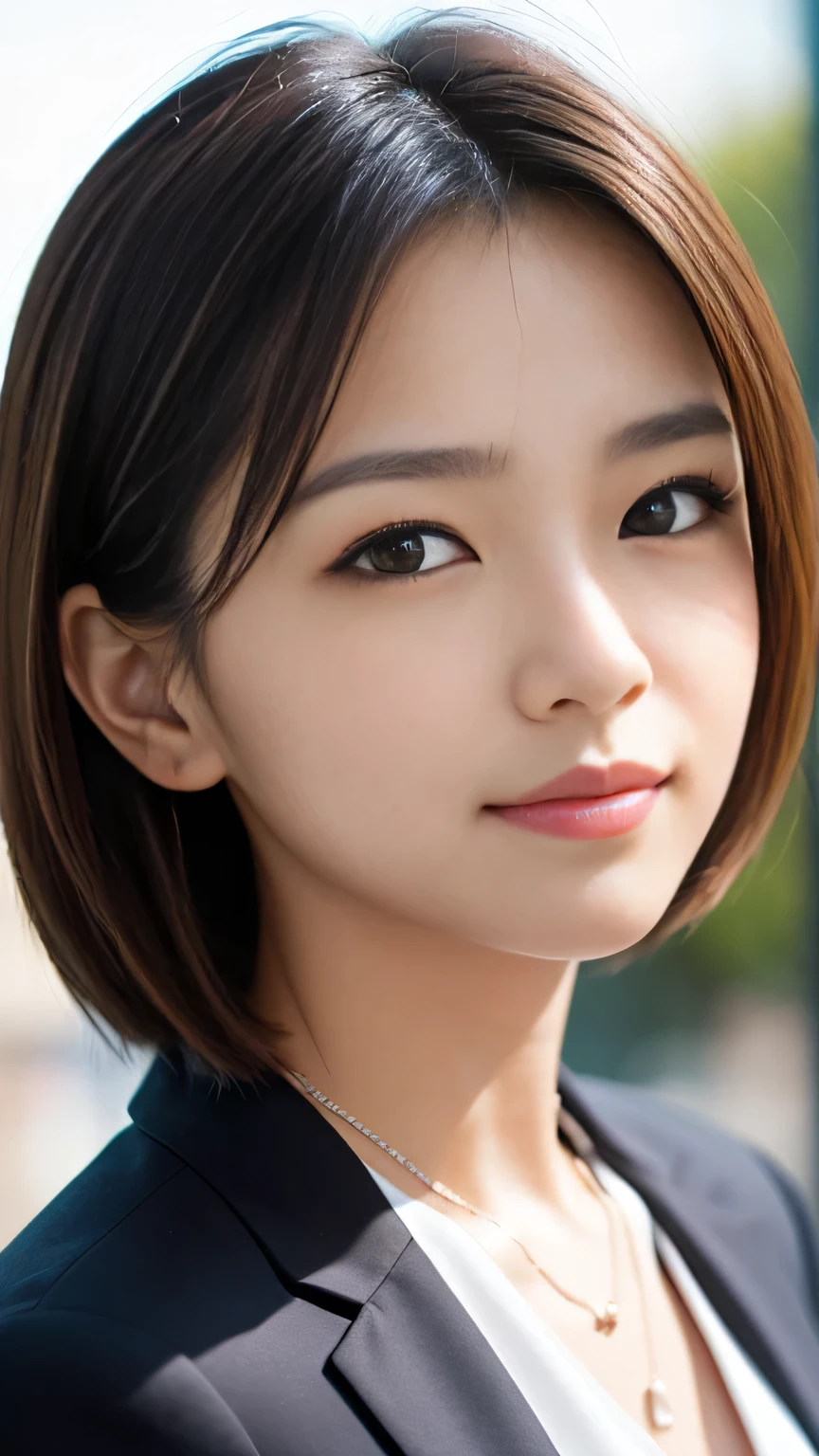 (highest quality、Ultra-realistic as a photo)、Sharp focus, Ultra High Resolution Face、(masterpiece)、Very nice finish、(High resolution、8k:1.3)、The face is in focus、Ultra high definition and beautiful eyes、Eyes are symmetrical:1.3、I look at you with concentrated eyes、High quality and natural skin、Ultra HD Hair Texture、(Face close-up:1.3)、Japanese women、20-year-old、OL, (Shortcuts)、suit, White business shirt、Mid-chest, Natural light、(Multiple poses:1.3)、Half Up:1.3, very cute、very cute、light makeup, Glossy lips、), Anxious expression、blush, (Embarrassing)、Thin Necklace、(Looking into the camera:1.3)、color々Photo taken from an angle、Pushed down:1.3, A small smile