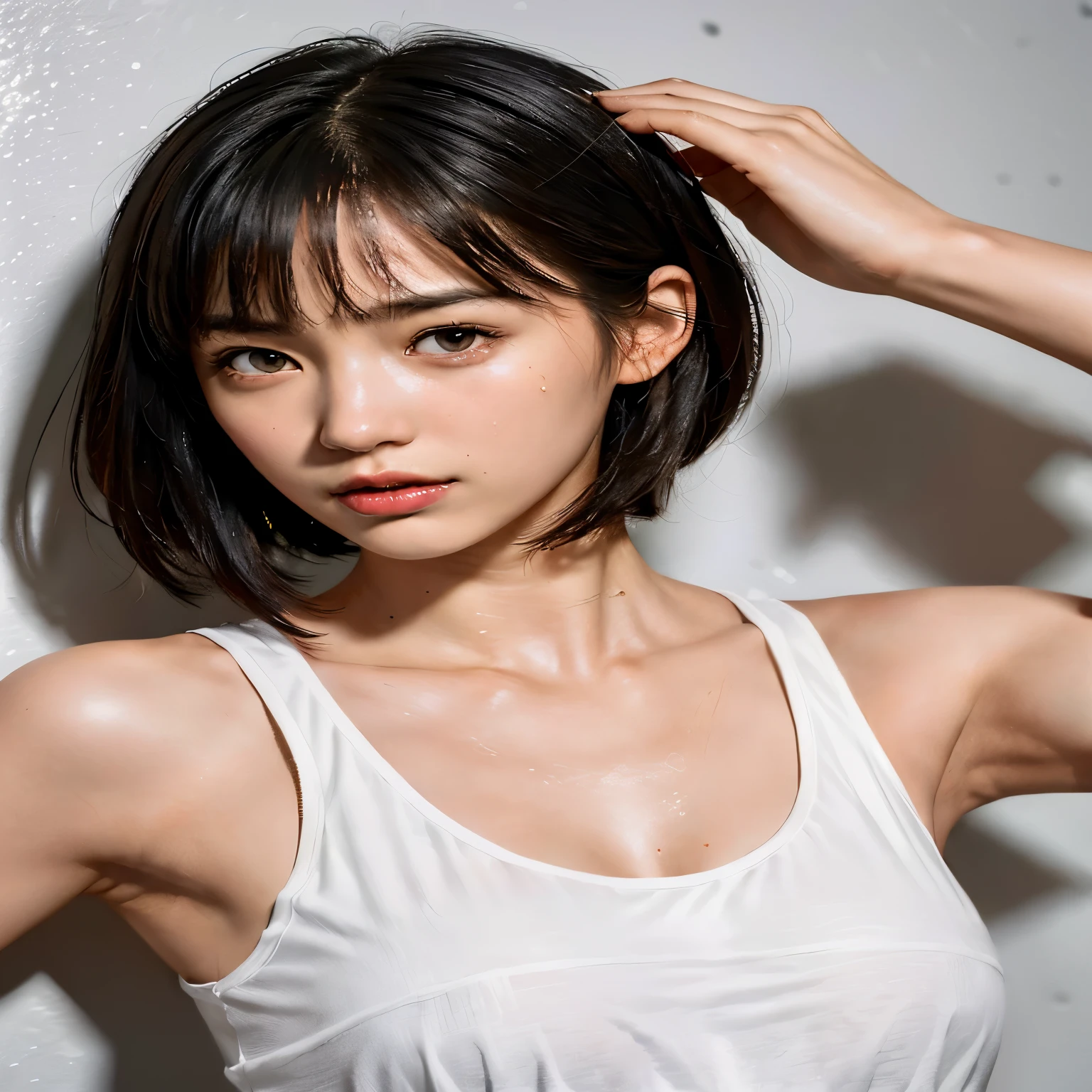 there is a woman that is posing for a picture in a white tank top, kiko mizuhara, chiho, with short hair, Yoshitomo Nara, japanese model, sui ishida with black hair, realistic young gravure idol, shikamimi, sui ishida, yasumoto oka, by Tadashi Nakayama