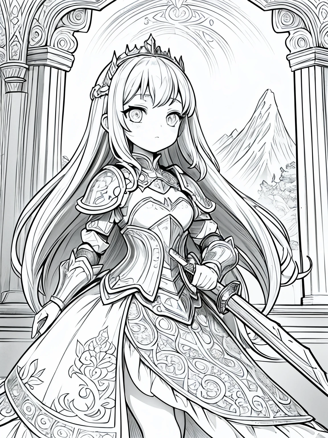 masterpiece,monochrome,Lineart,no shading,single color,coloring book for children,Create a detailed coloring page of a beautiful fantasy girl with long flowing hair. She is dressed in ornate knight armor and holding a large, elegant sword. Her armor should have intricate designs, such as engravings or patterns, and she should have a determined and courageous expression. Include a fantasy background with elements like castles, mountains, or mystical forests to enhance the scene
